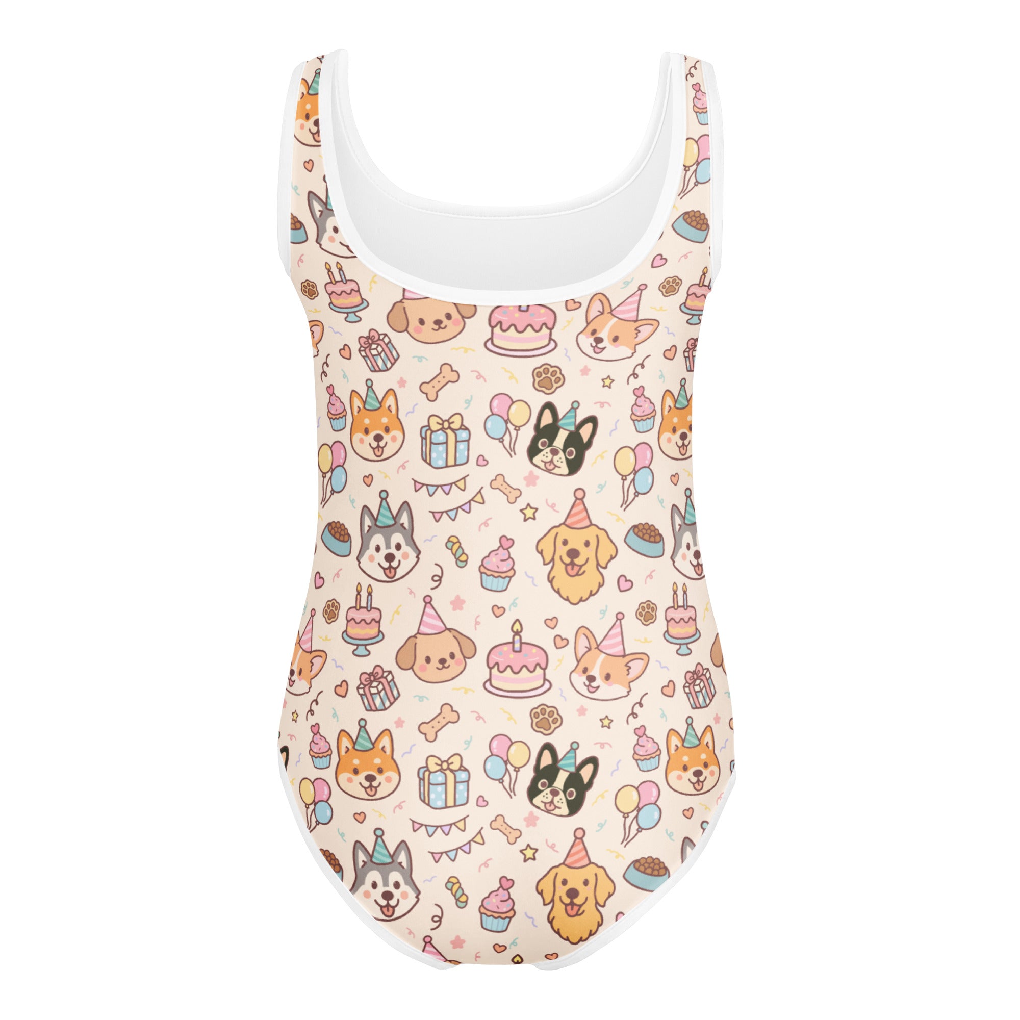 A playful cream one-piece leotard with cartoon dogs and cupcakes quick drying for girls dance and gymnastics