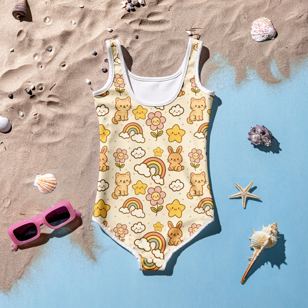 A cheerful yellow girls one-piece swimsuit with cartoon cats rainbows flowers and stars buttery soft fabric upf 50+