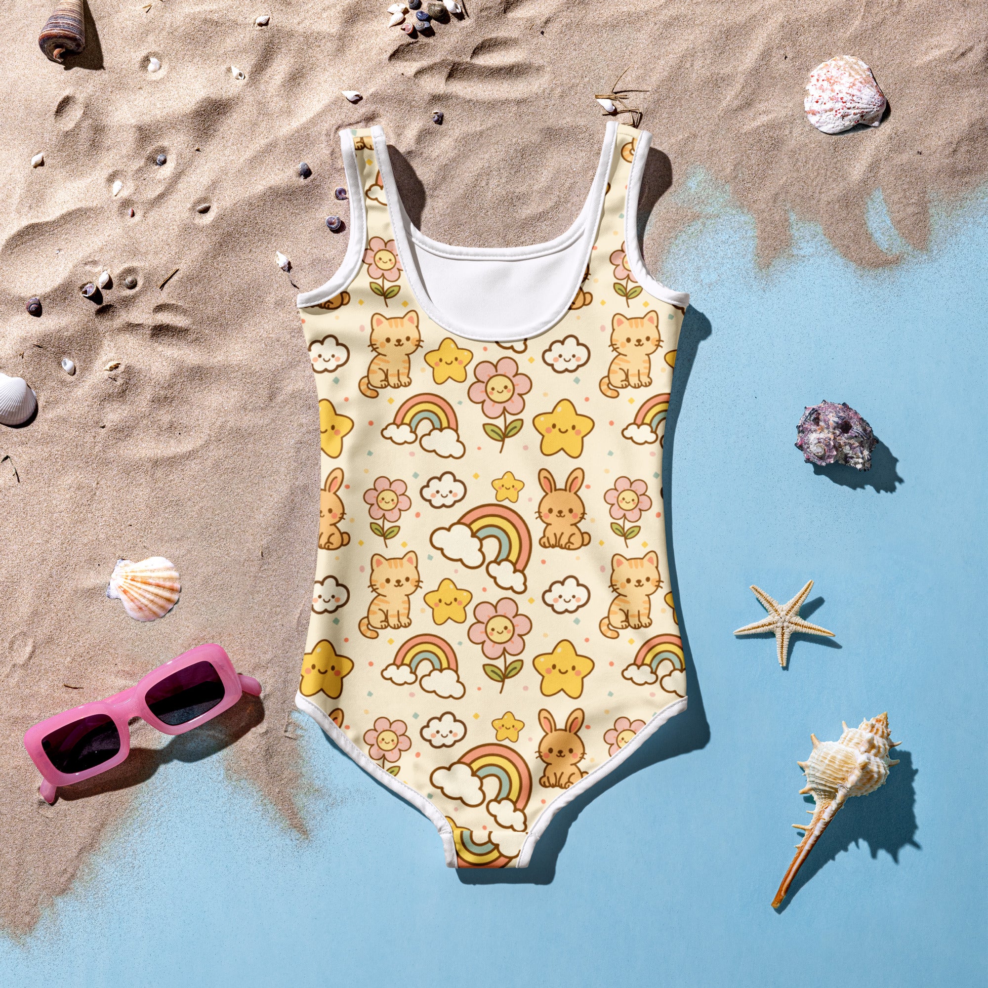 A cheerful yellow girls one-piece swimsuit with cartoon cats rainbows flowers and stars buttery soft fabric upf 50+