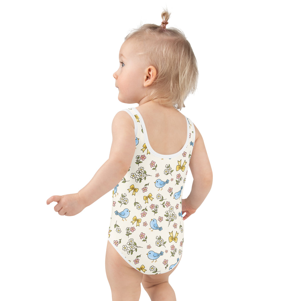 Girls blue bird floral buttery soft white one-piece swimsuit with UPF 50+ and double layered front design