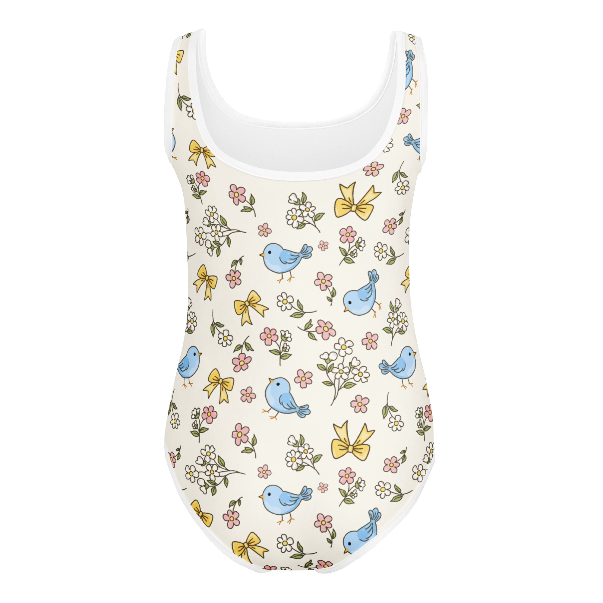 A charming off-white buttery soft girls one-piece swimsuit with blue birds yellow bows and floral print for dance and gymnastics