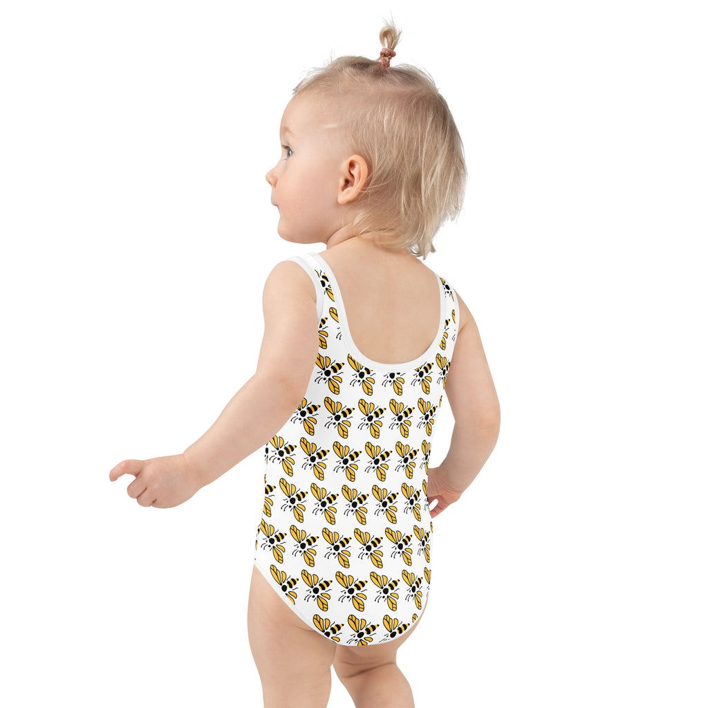 White girls one-piece swimsuit with buttery soft fabric and playful yellow and black bee print with UPF 50 plus protection