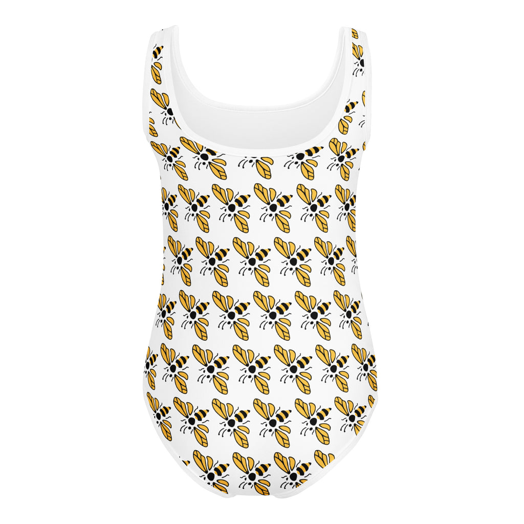 Girls bee print buttery soft white leotard with yellow black cartoon bees quick drying for dance and gymnastics