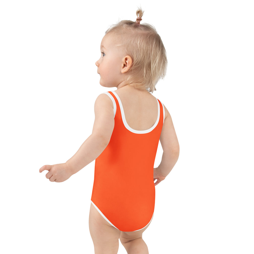 Girls bright orange buttery soft one-piece swimsuit with white trim and UPF 50 plus protection with double layered front