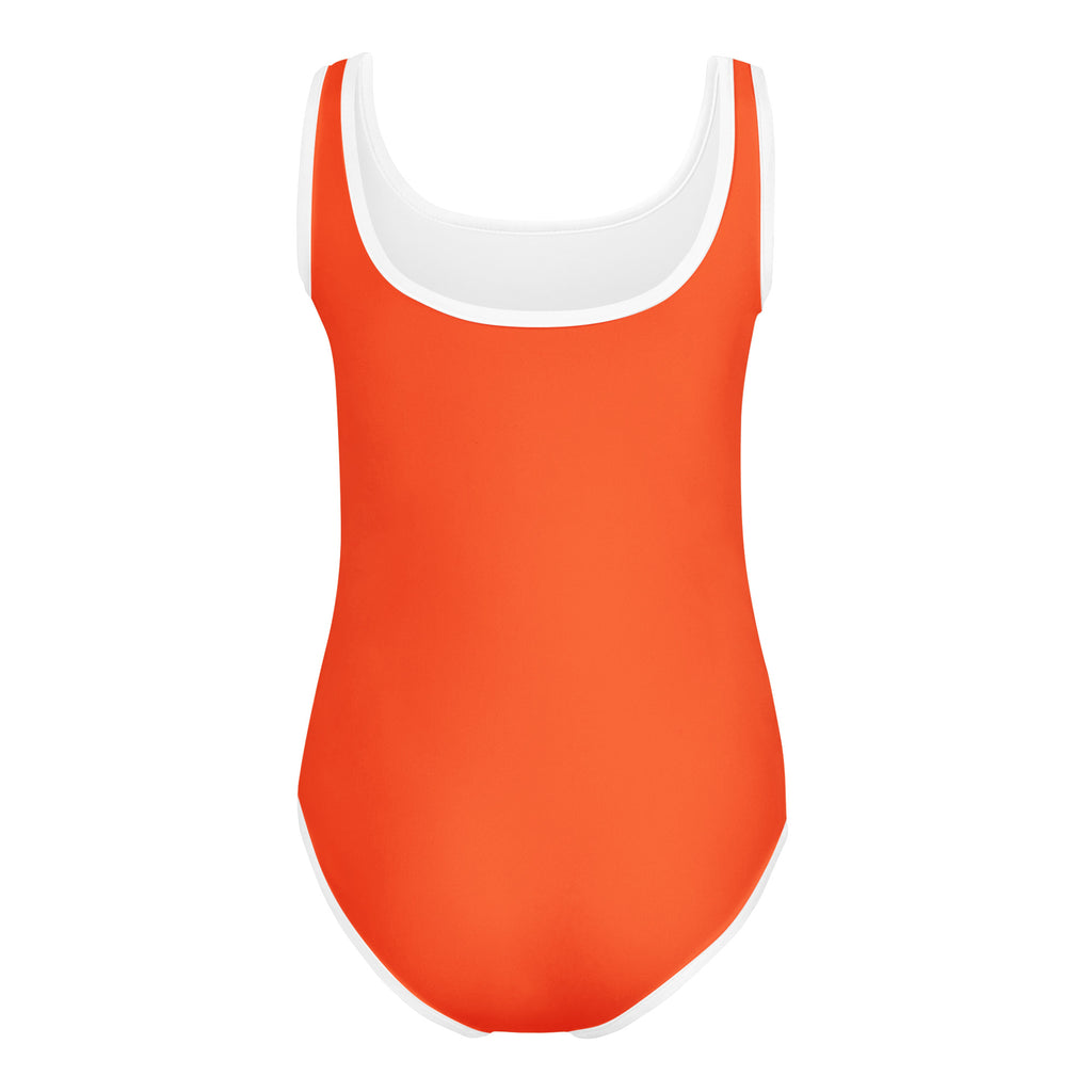 Girls bright orange buttery soft one-piece swimsuit with white trim quick drying for dance and gymnastics