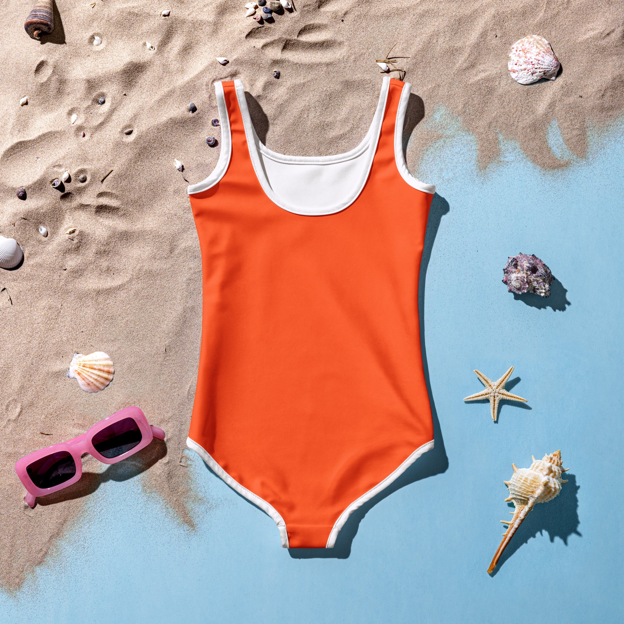 Girls bright orange one-piece buttery soft swimsuit with white trim upf 50 plus double layered front
