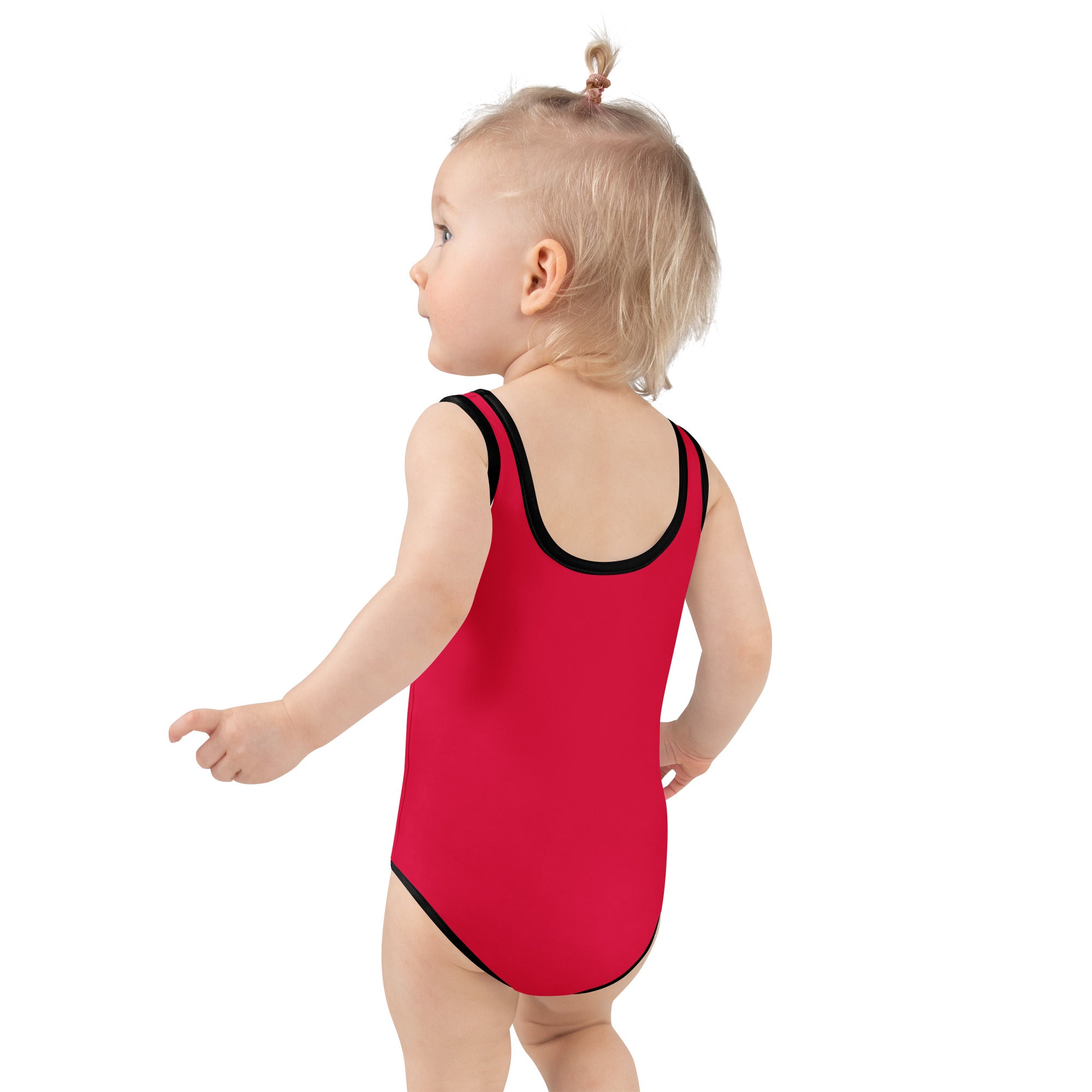 A girls ruby red buttery soft one-piece swimsuit with black trim and UPF 50 plus double layered front