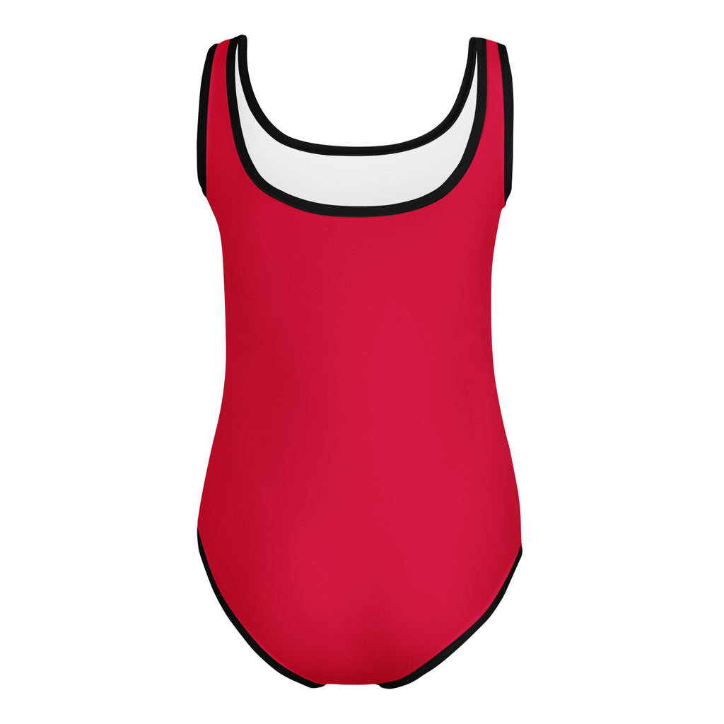 Girls ruby red buttery soft leotard with white inner lining and black trim designed for dance and gymnastics
