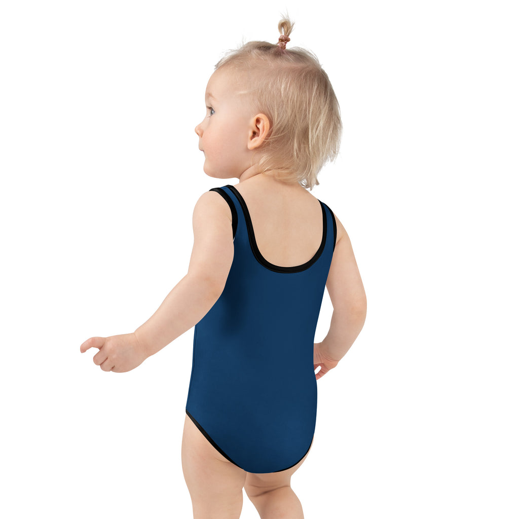 Girls navy blue buttery soft one-piece swimsuit with black trim and UPF 50 plus protection with double layered front