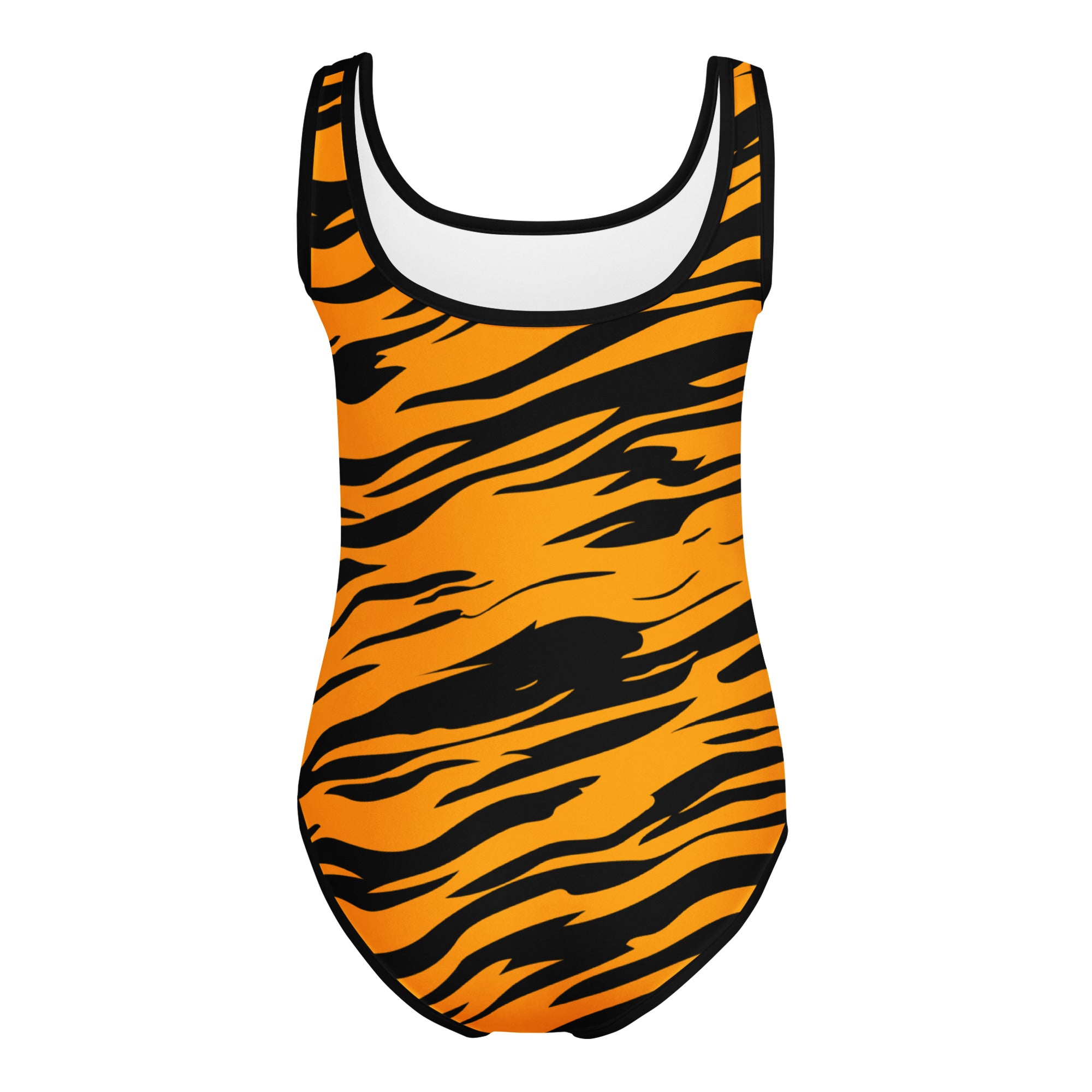 Girls tiger stripe buttery soft one-piece swimsuit in vibrant orange and black with white lining for dance and gymnastics