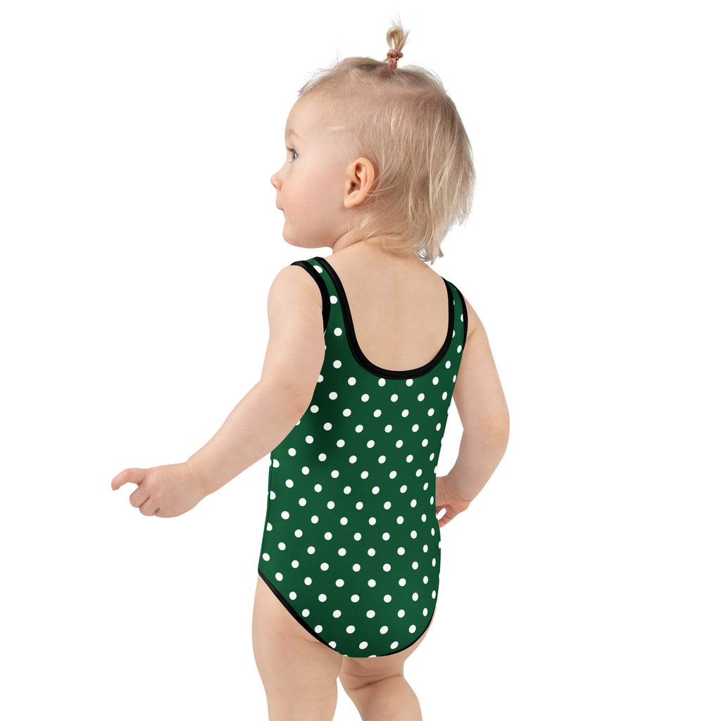 Girls dark green one-piece swimsuit with white polka dots black trim buttery soft fabric UPF 50 plus double layered front