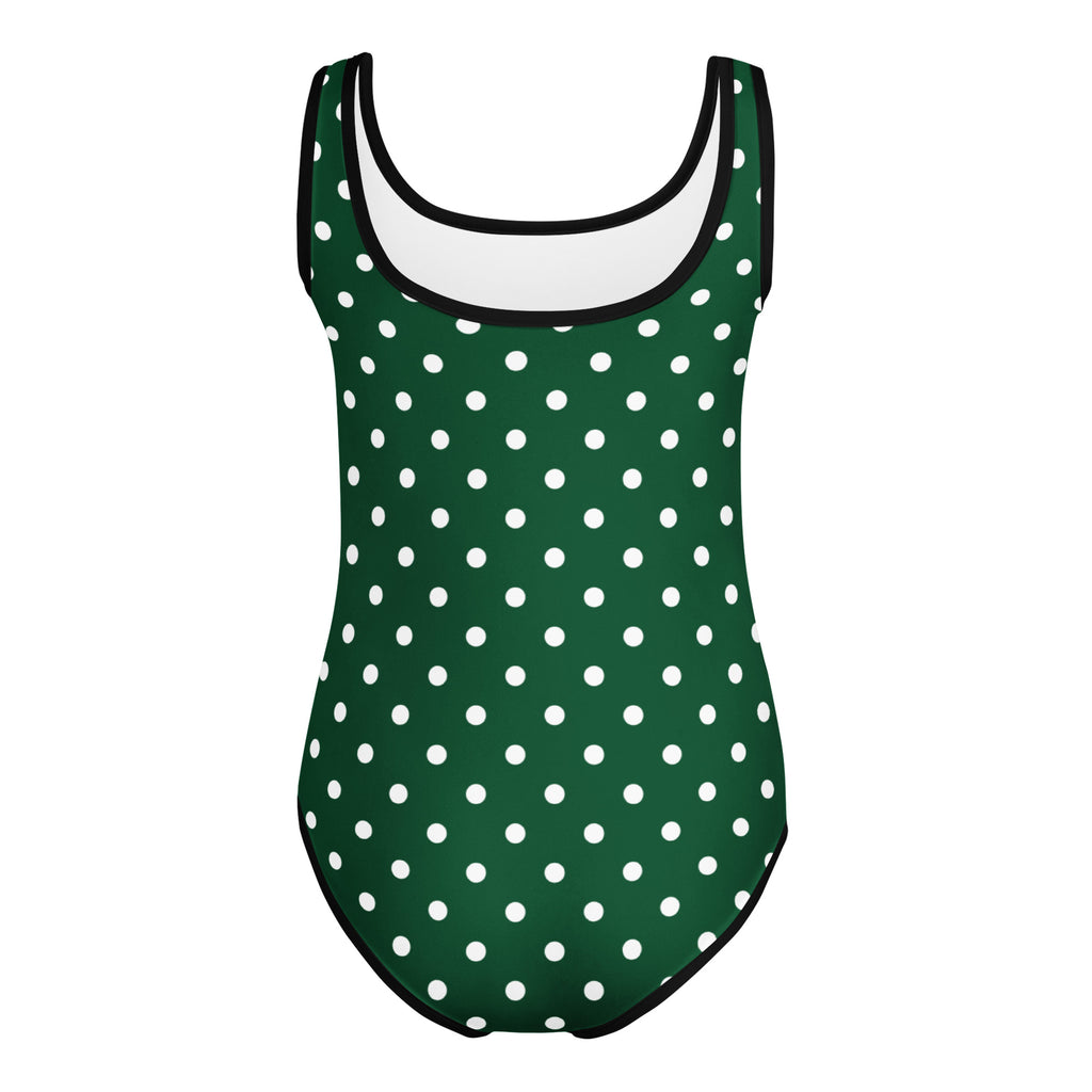 Girls dark green polka dot buttery soft one-piece swimsuit with black trim for quick drying dance and gymnastics use