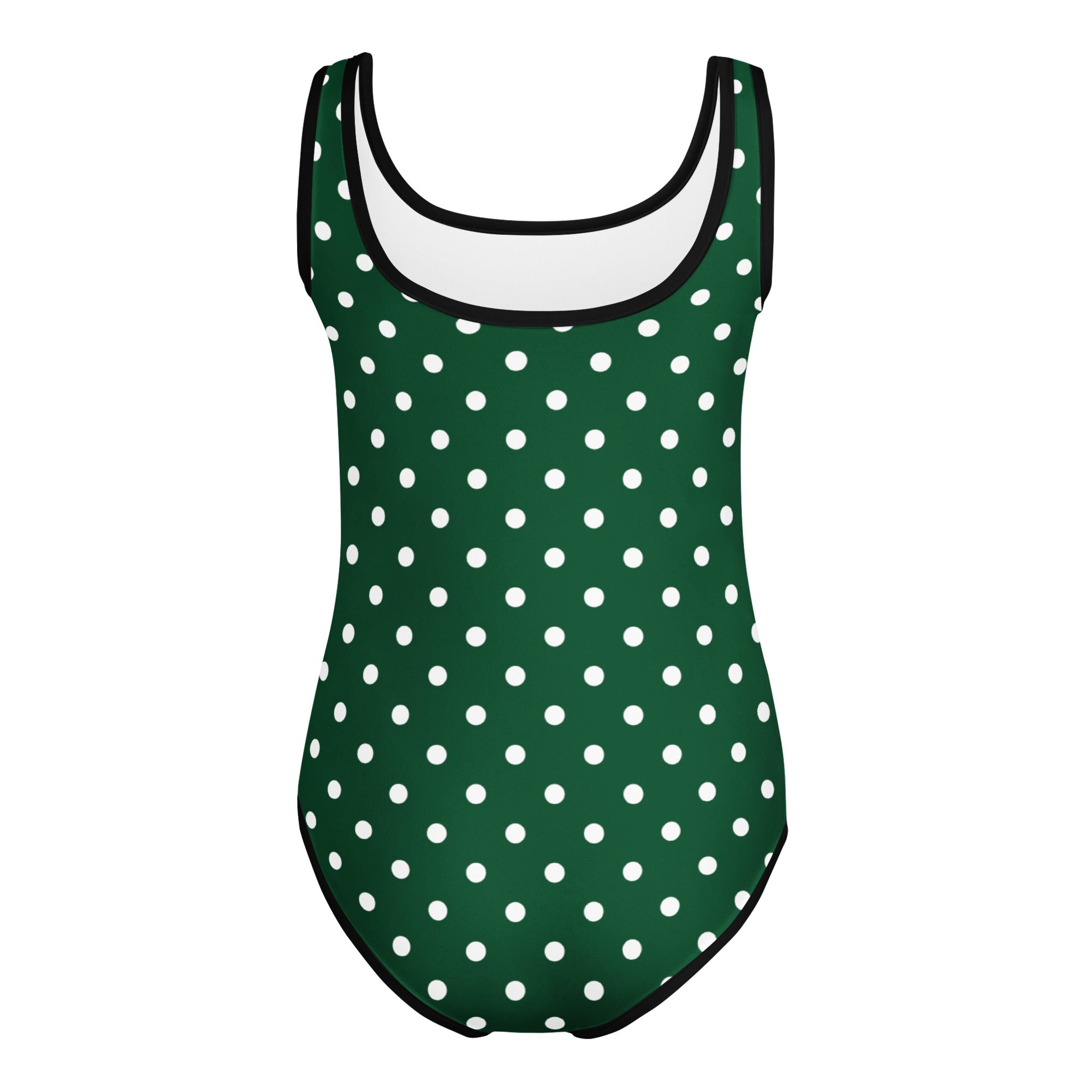 Girls dark green polka dot buttery soft one-piece swimsuit with black trim for quick drying dance and gymnastics use