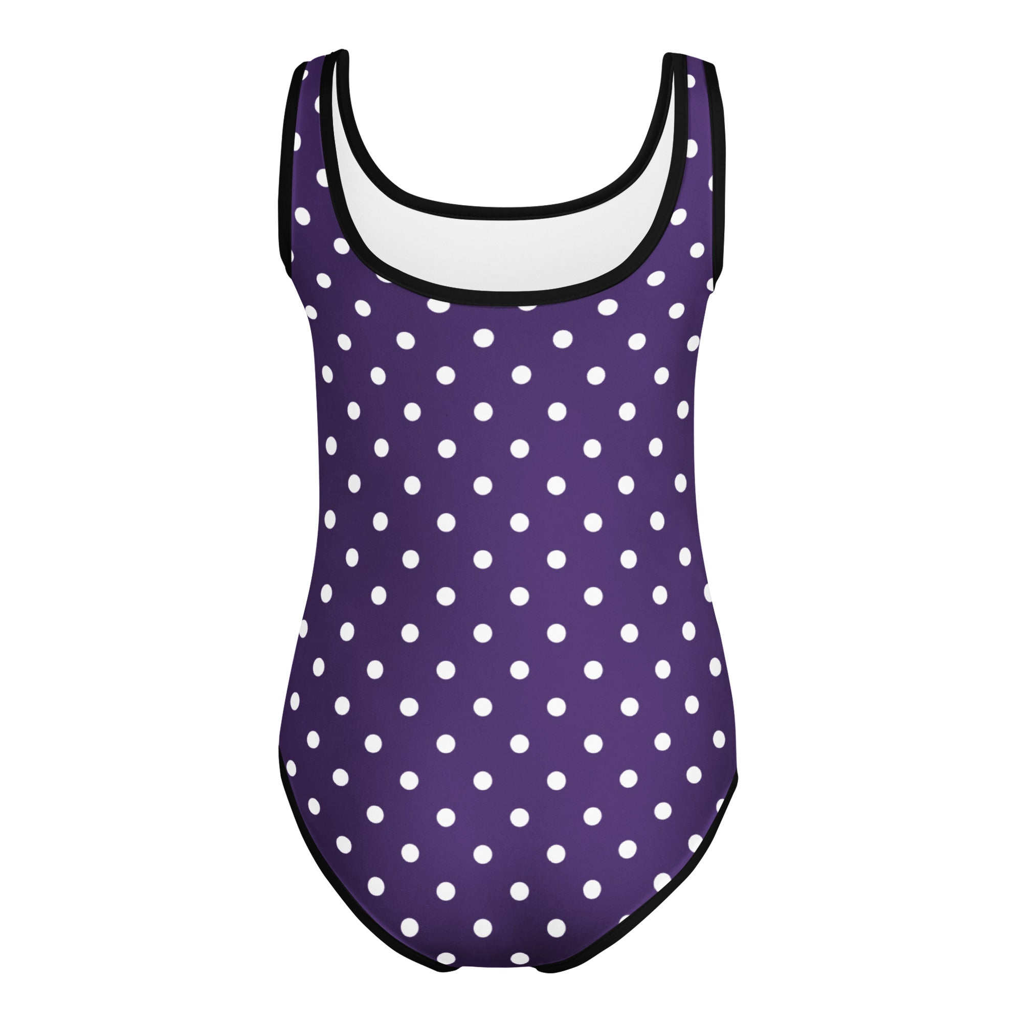 Girls dark purple polka dot buttery soft leotard with white polka dots and black trim quick drying for dance and gymnastics