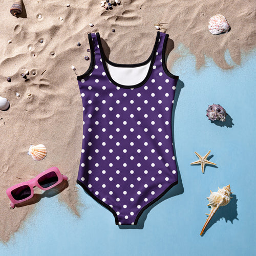 Girls dark purple one-piece swimsuit with white polka dots black trim buttery soft fabric upf 50+ double layered front