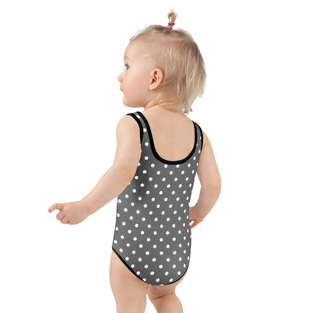 Girls gray polka dot buttery soft one-piece swimsuit with black trim and upf 50 plus protection, double layered front