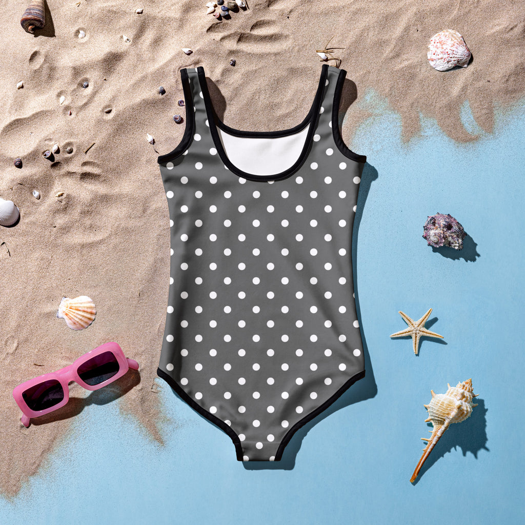 Girls gray polka dot buttery soft swimsuit with white dots black trim double layered front and UPF 50 plus protection