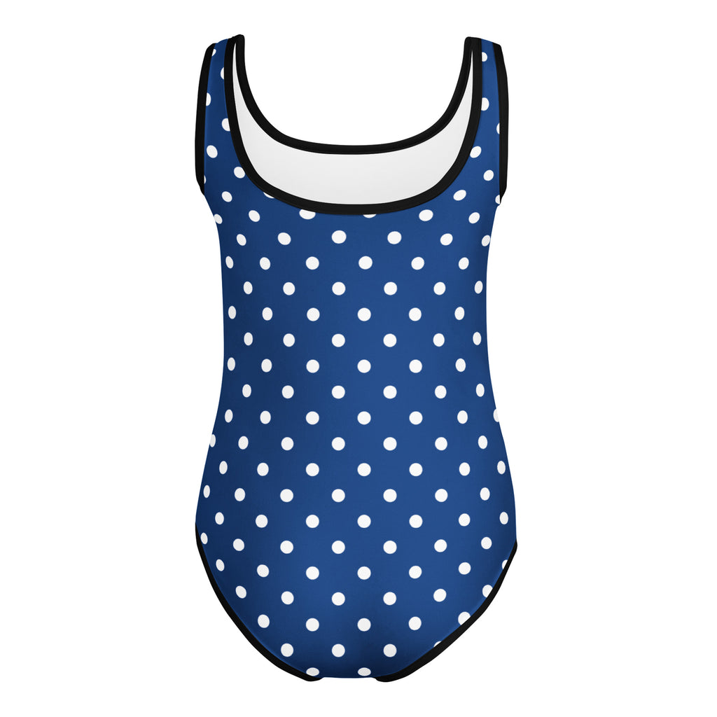 Girls navy blue polka dot buttery soft leotard with black trim quick drying for dance and gymnastics