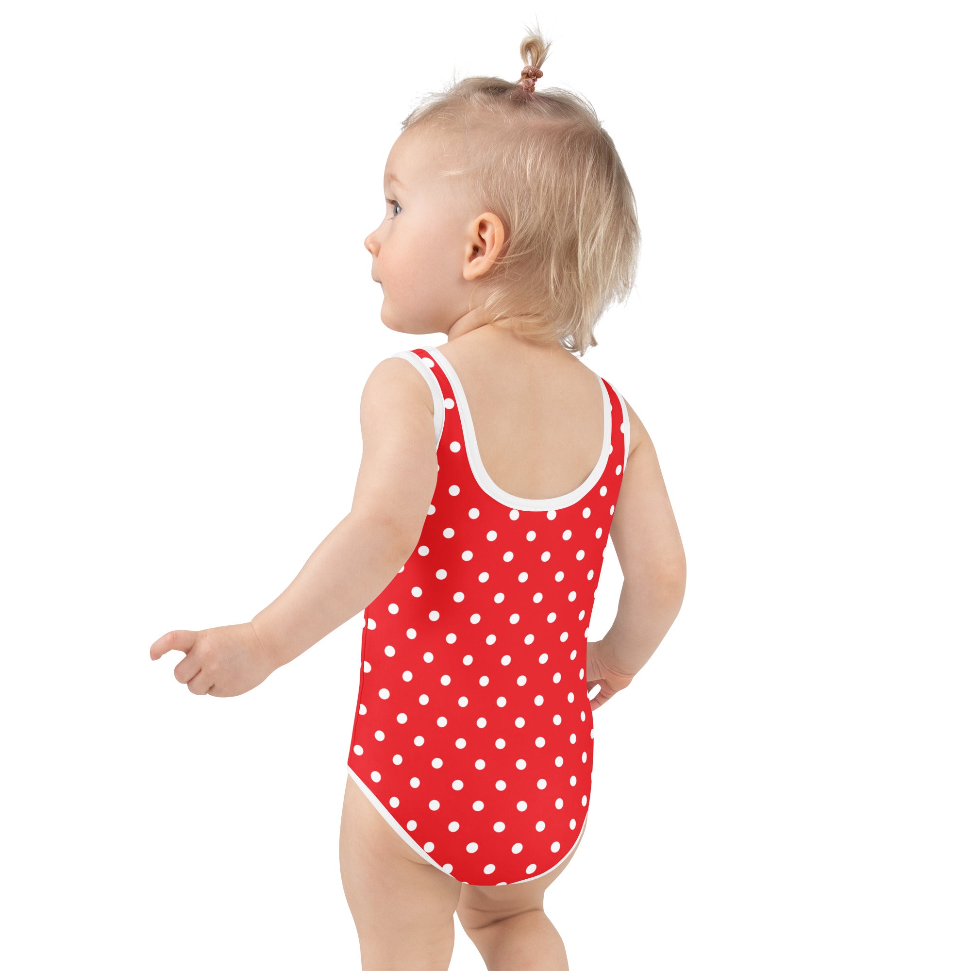Girls red one-piece swimsuit with white polka dots and trim buttery soft fabric upf 50 double layered front