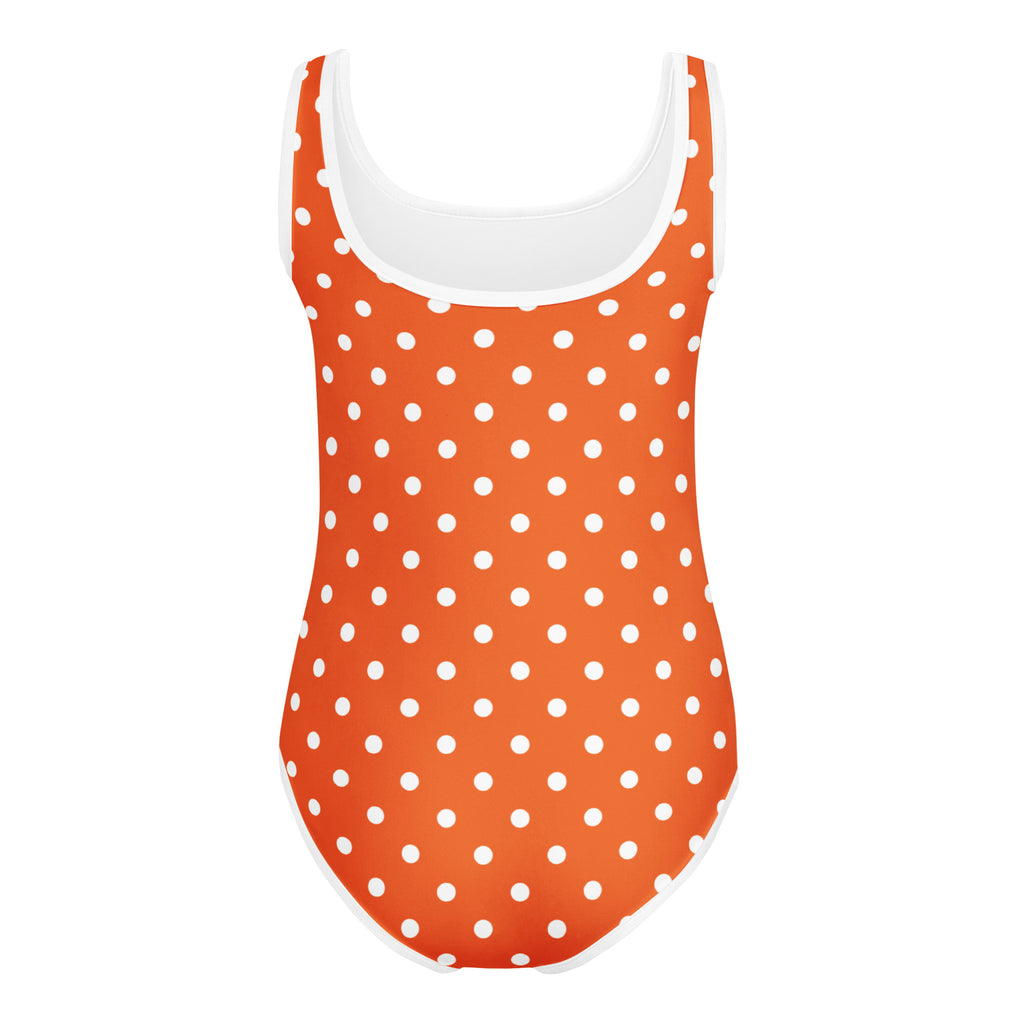Girls orange polka dot buttery soft one-piece swimsuit with white inner lining for quick drying dance and gymnastics