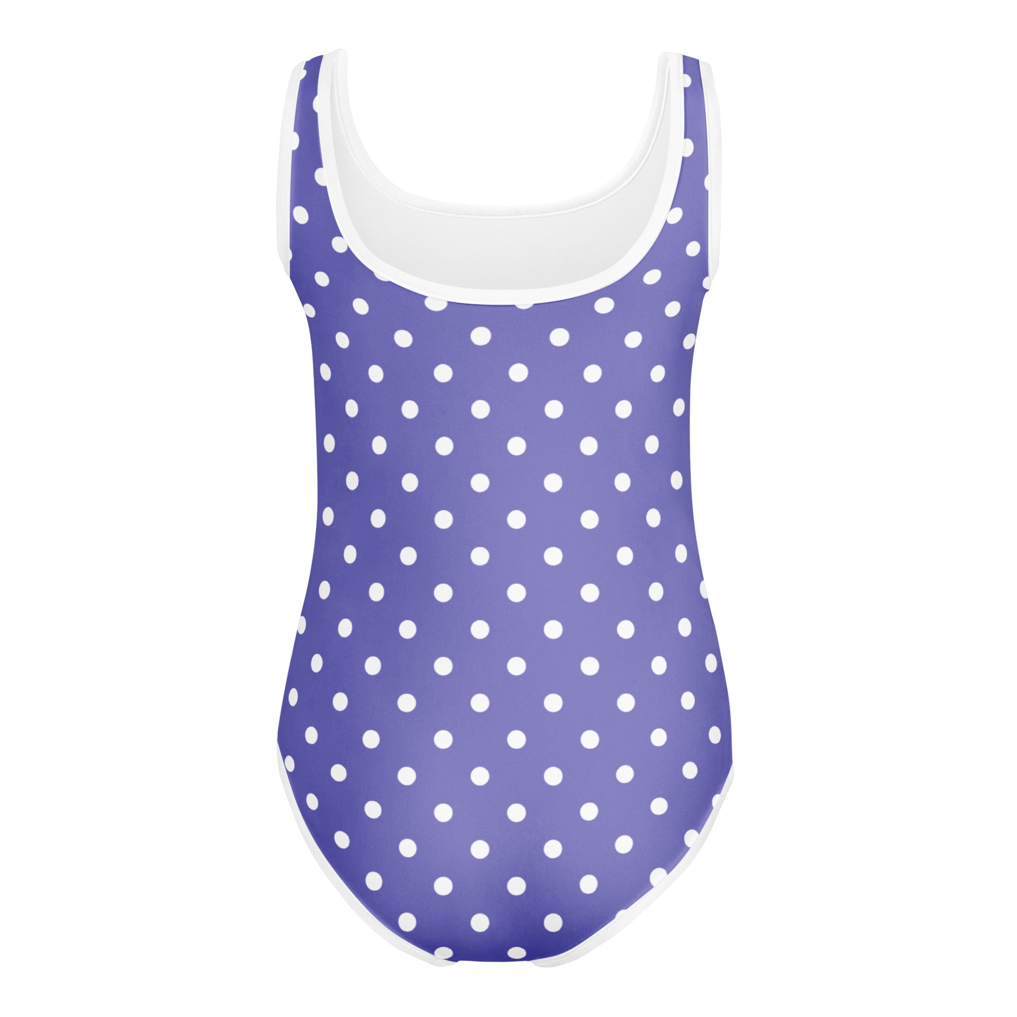 Girls purple polka dot buttery soft leotard with white scoop neckline quick drying for dance and gymnastics