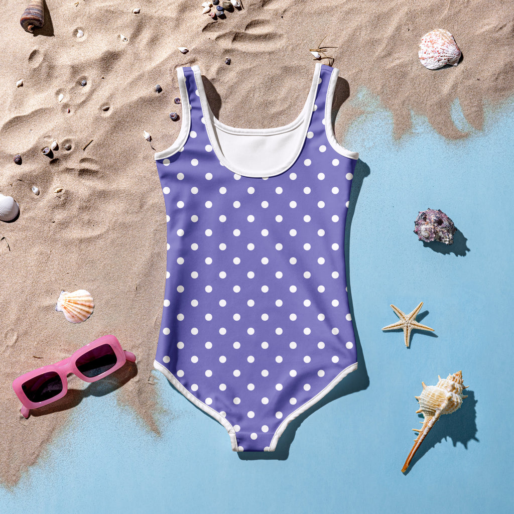 Girls purple one-piece swimsuit with white polka dots and trim buttery soft fabric UPF 50 double layered front