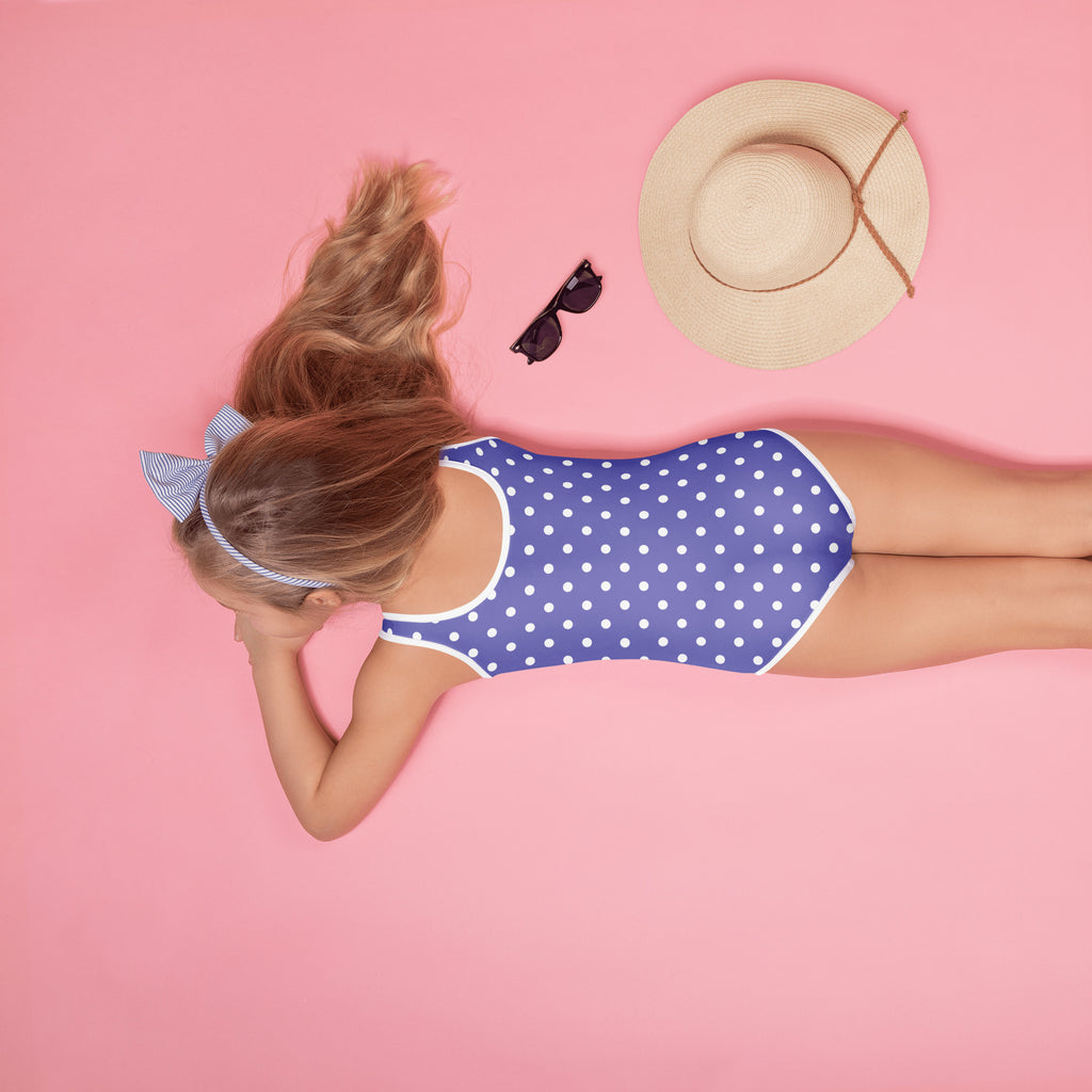 Girls blue one-piece swimsuit with white polka dots and trim buttery soft fabric UPF 50 plus protection