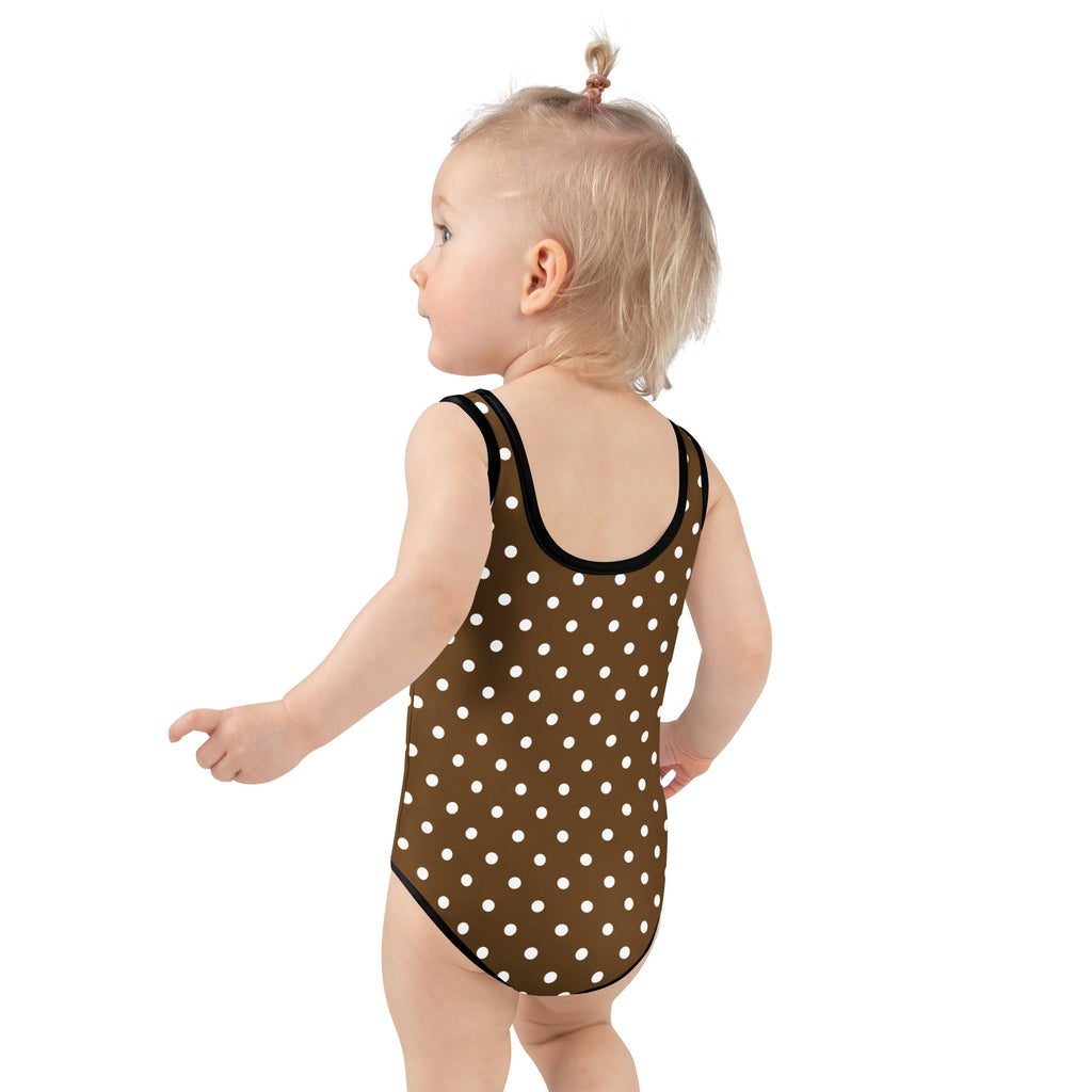 Girls brown polka dot buttery soft one-piece swimsuit with black trim and upf 50 plus protection front view