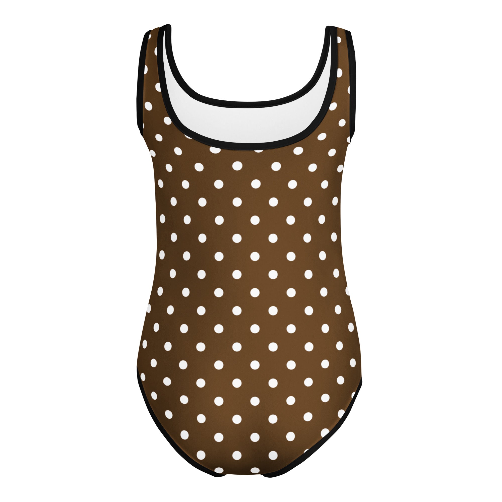 Girls brown polka dot buttery soft quick drying leotard with black trim for dance and gymnastics