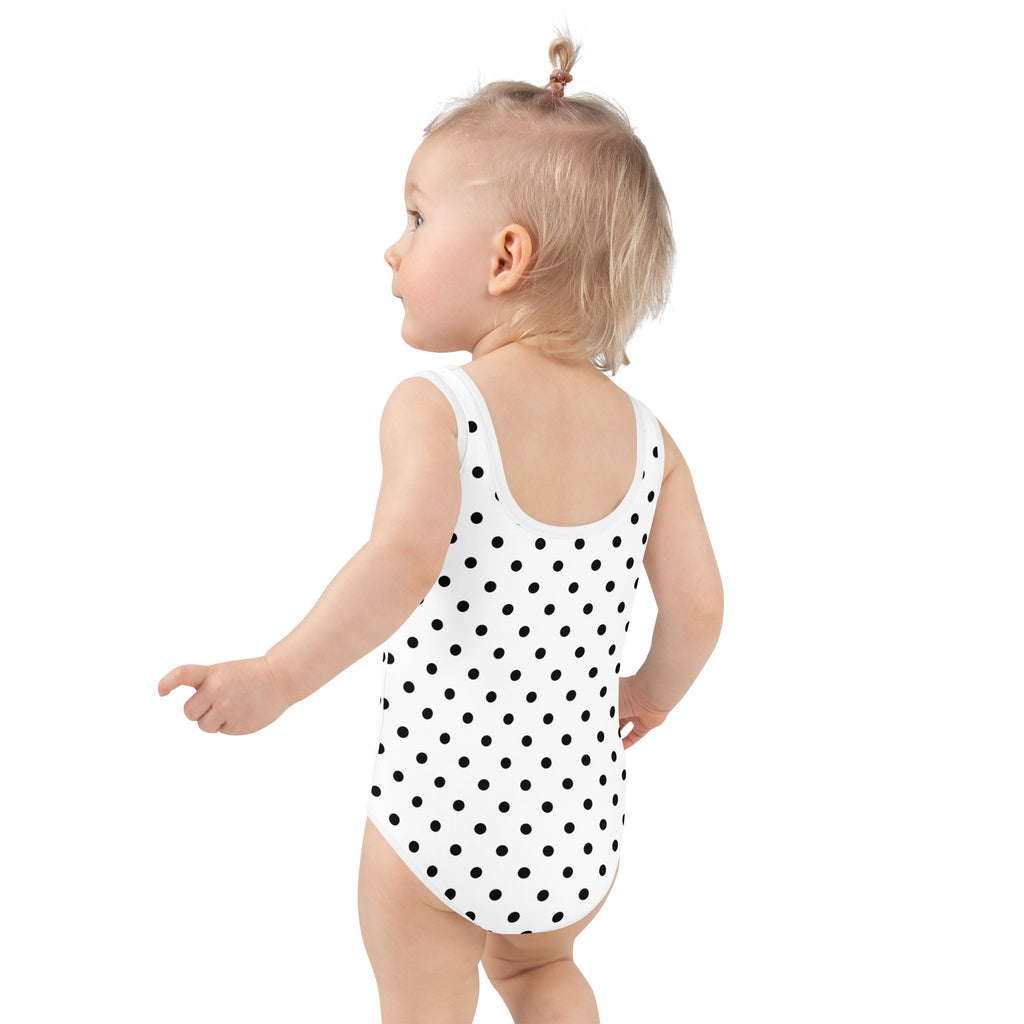 Girls white polka dot buttery soft one-piece swimsuit with UPF 50 plus and double layered front