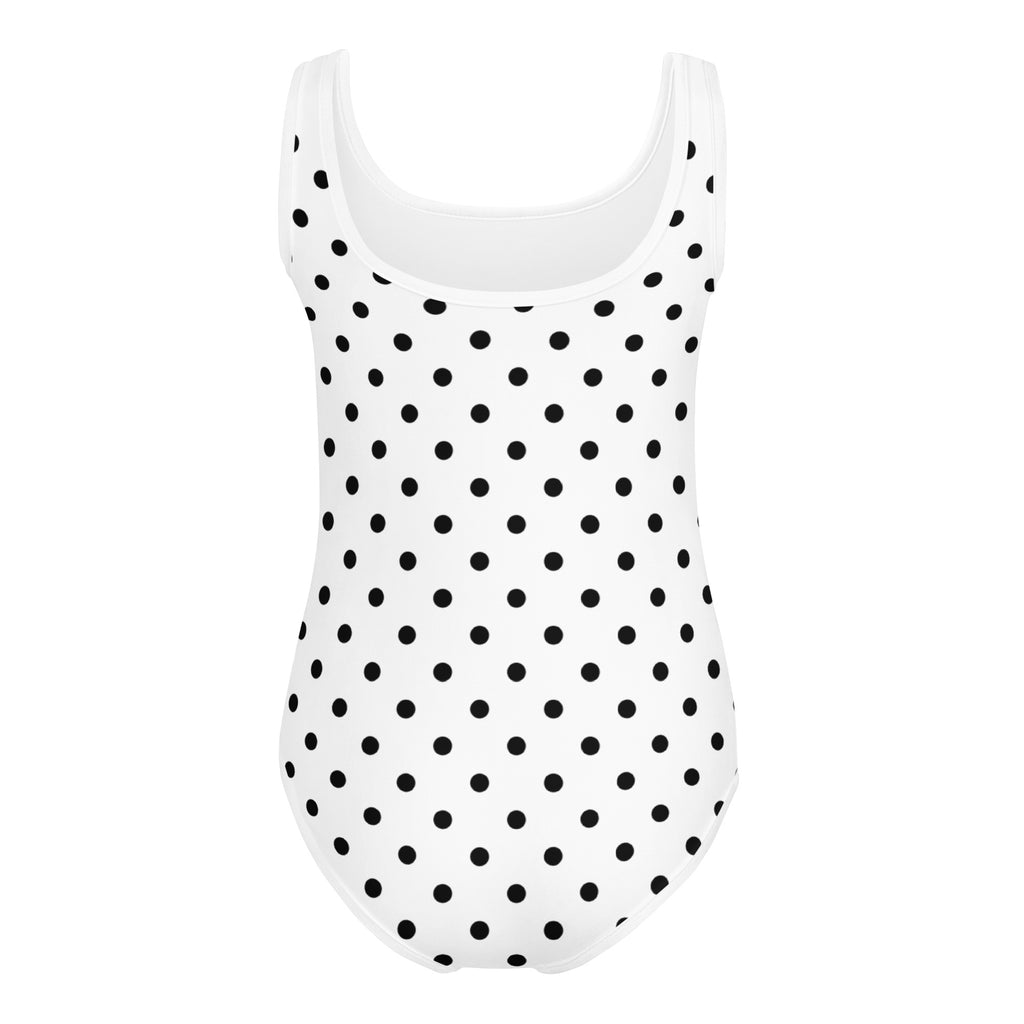 Girls white polka dot buttery soft one-piece swimsuit with quick drying fabric for dance and gymnastics use