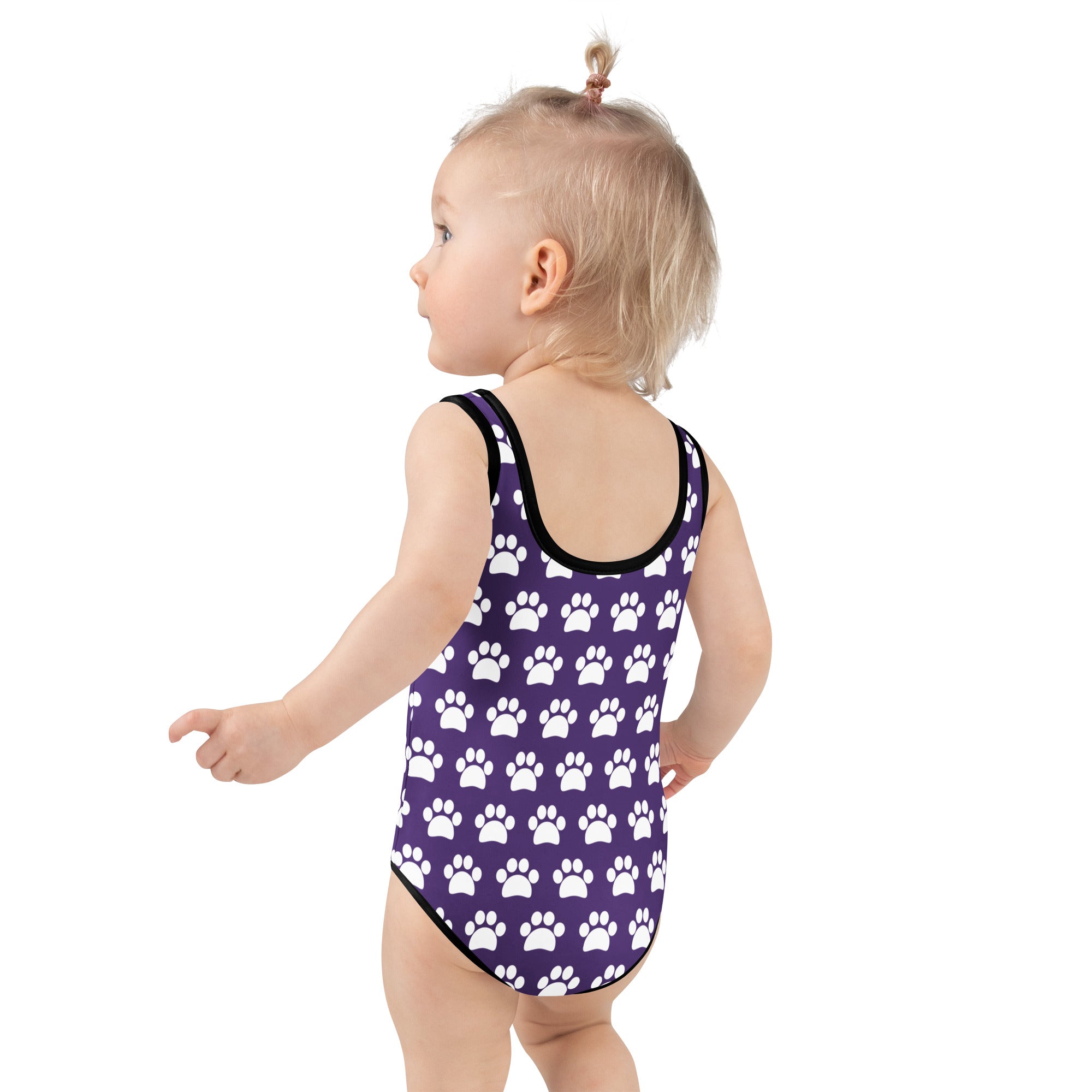 Girls purple paw print buttery soft one-piece swimsuit with white paw pattern black trim upf 50 plus double layered front