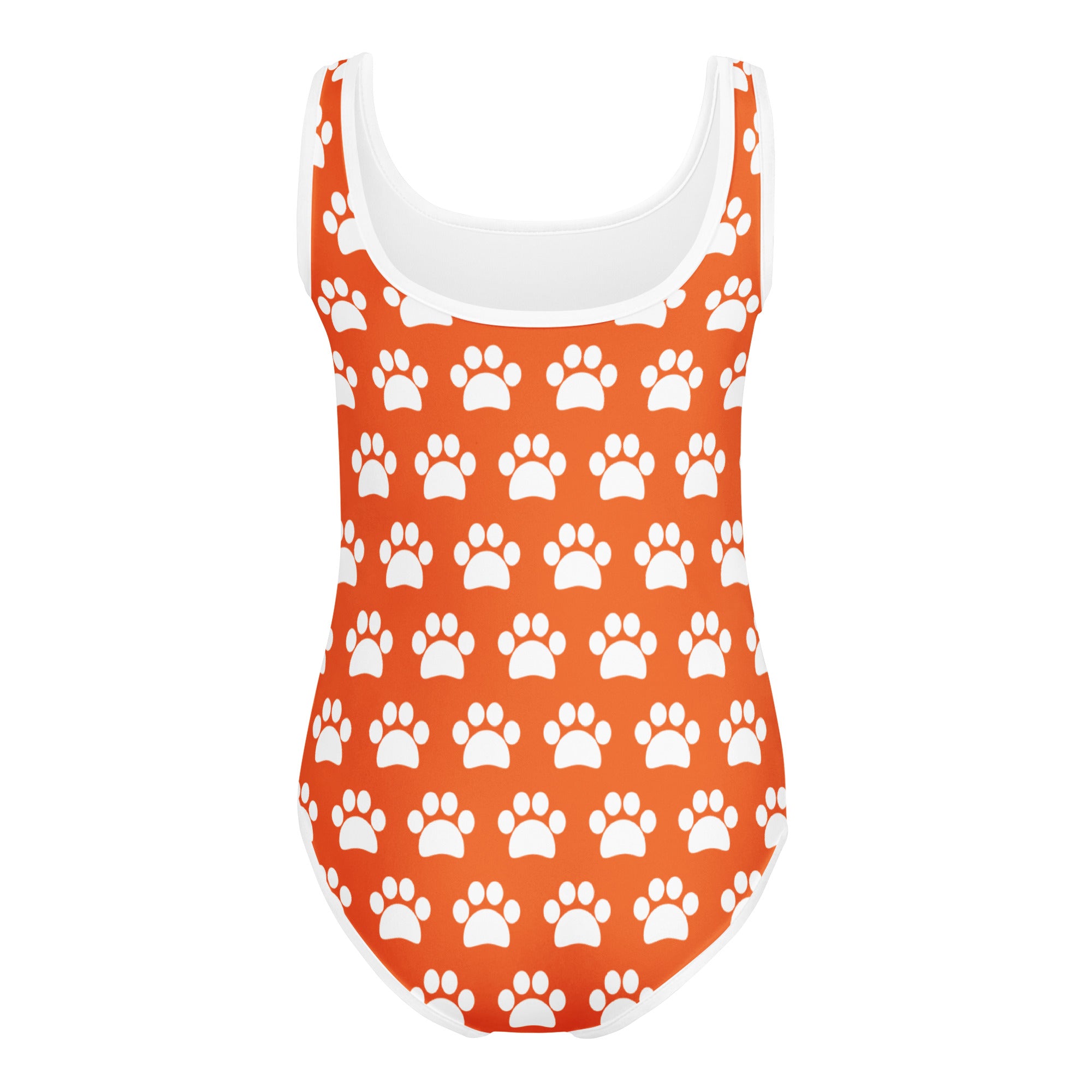 Girls orange buttery soft quick drying leotard with white paw print pattern and trim for dance and gymnastics
