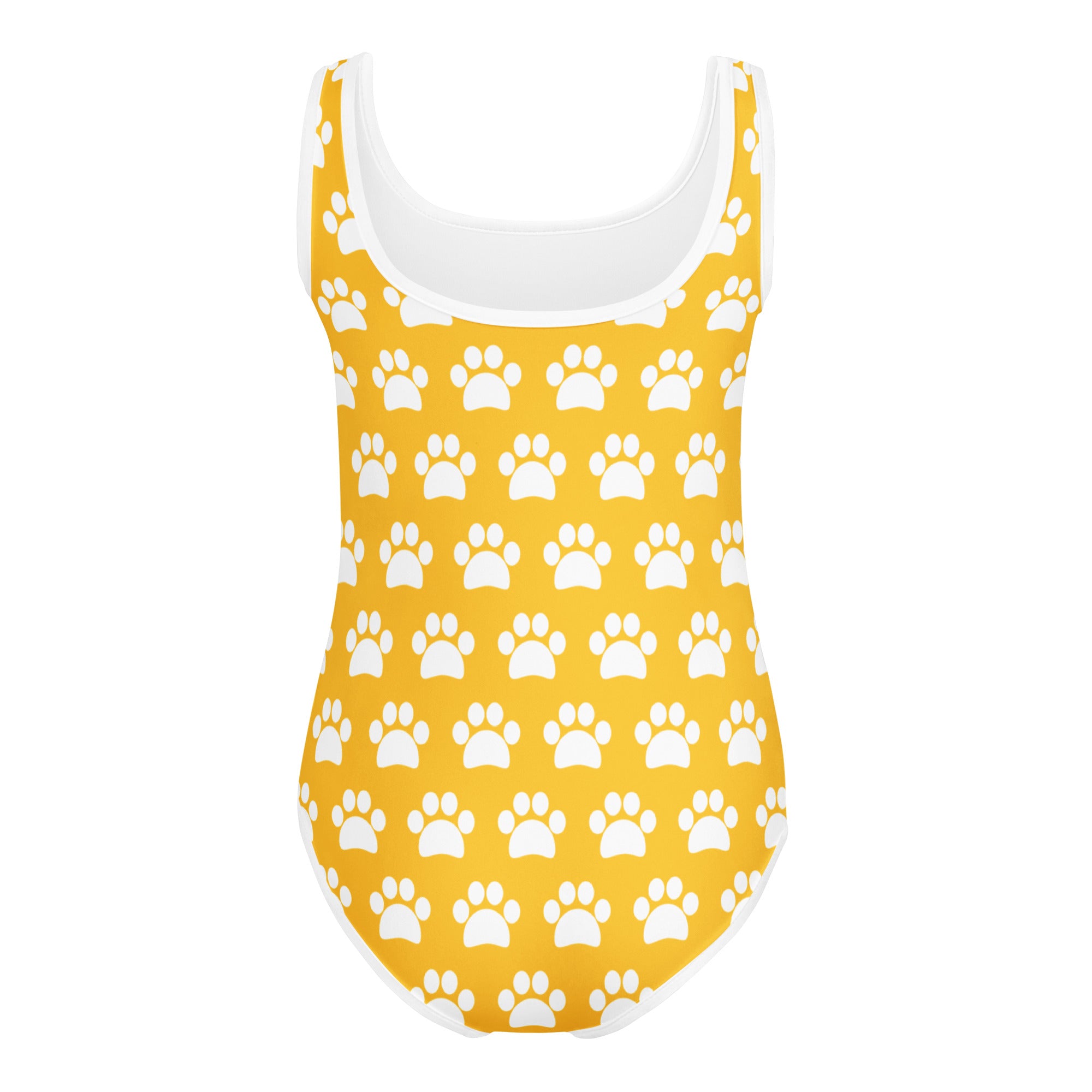 Girls yellow buttery soft leotard with white paw print pattern and trim quick drying for dance and gymnastics