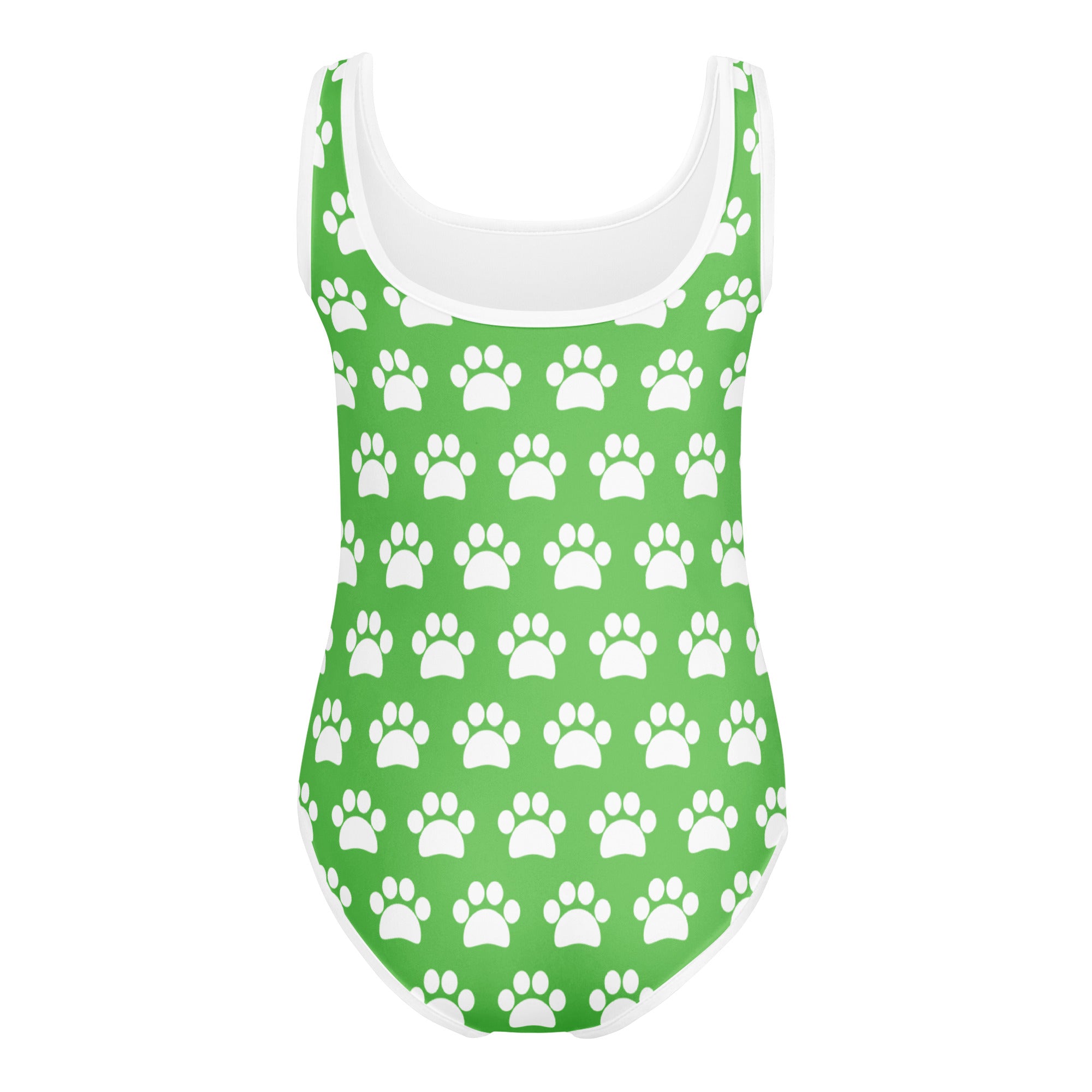 Girls green paw print buttery soft leotard with white trim quick drying for dance and gymnastics