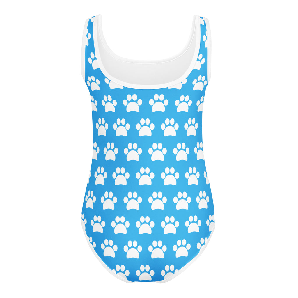 Girls sky blue one-piece swimsuit with white paw print pattern and white trim quick drying for dance and gymnastics