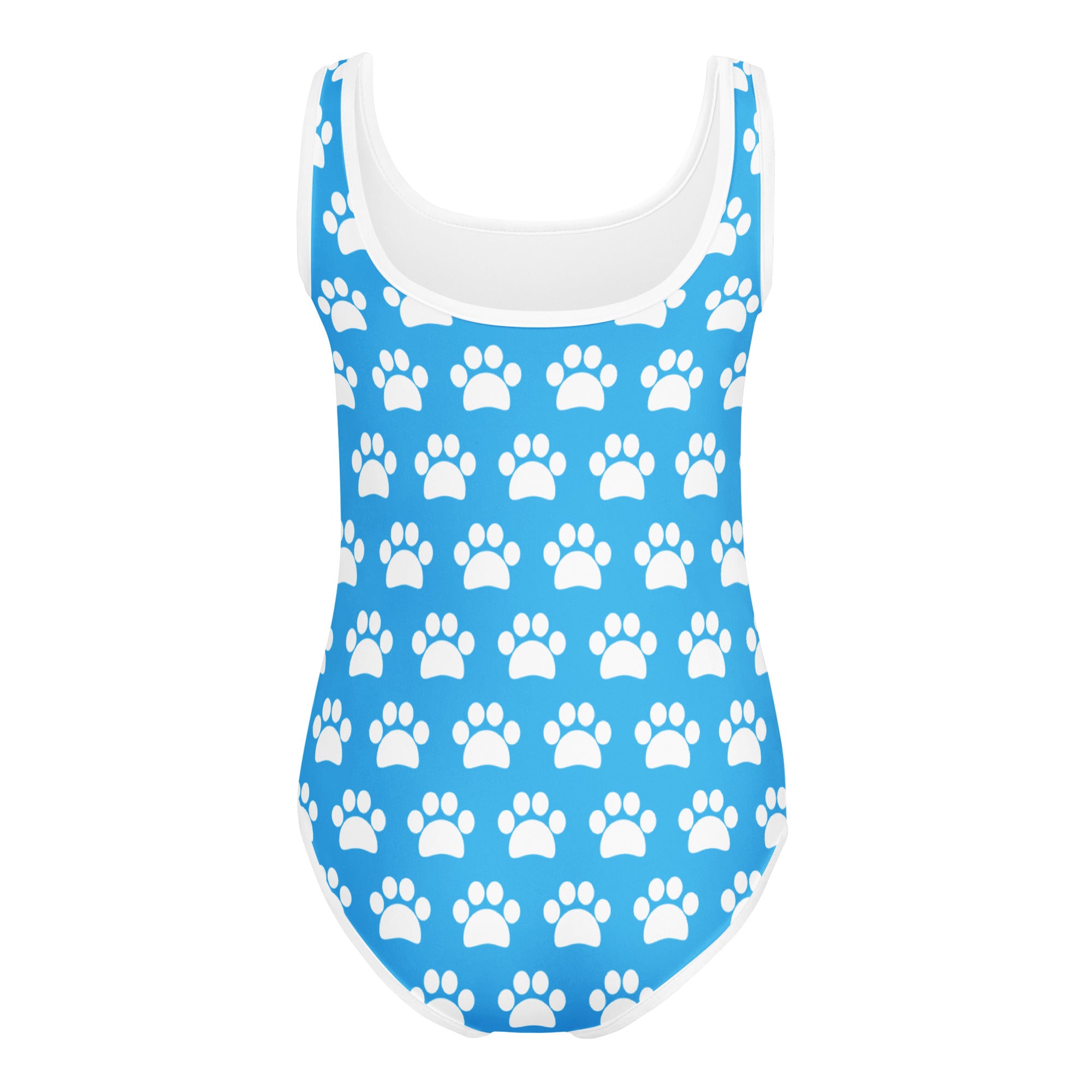 Girls sky blue one-piece swimsuit with white paw print pattern and white trim quick drying for dance and gymnastics