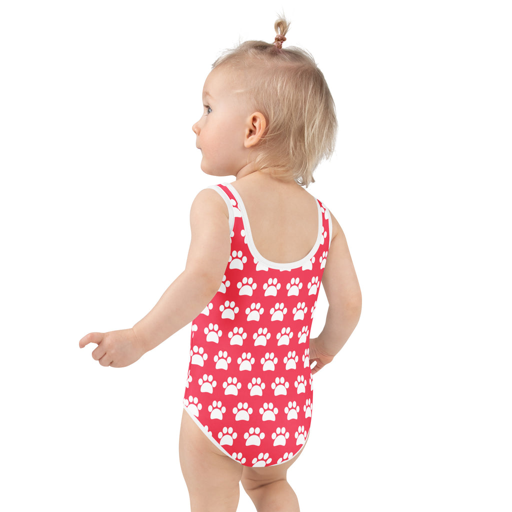 Girls bright pink one-piece swimsuit with white paw prints white trim buttery soft fabric and upf 50 plus protection