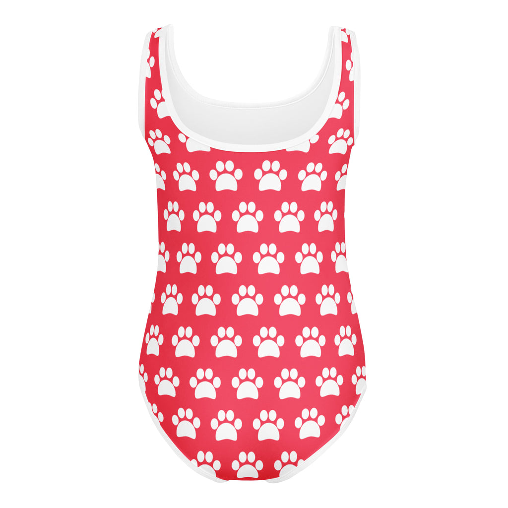 Girls bright pink buttery soft leotard with white paw print pattern and quick drying fabric for dance and gymnastics