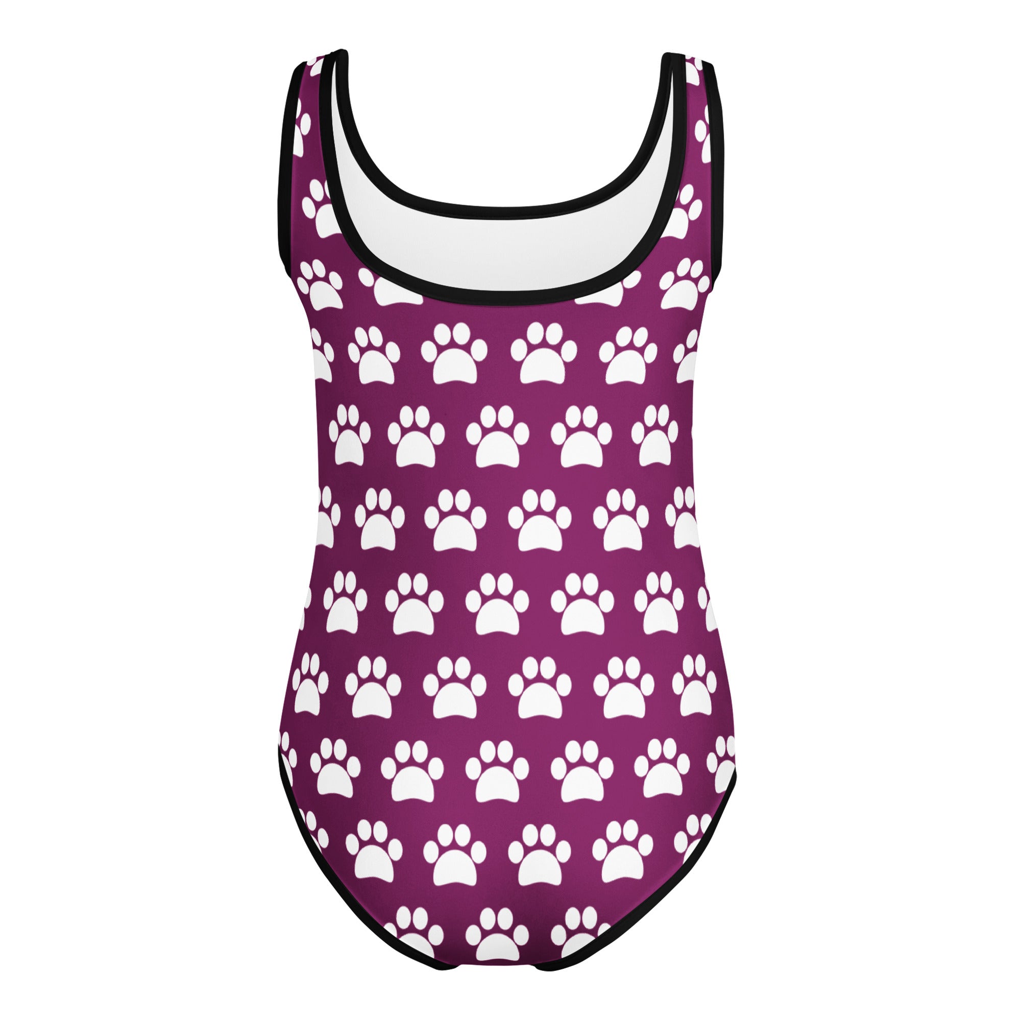 Girls purple paw print buttery soft leotard with black trim quick drying for dance and gymnastics