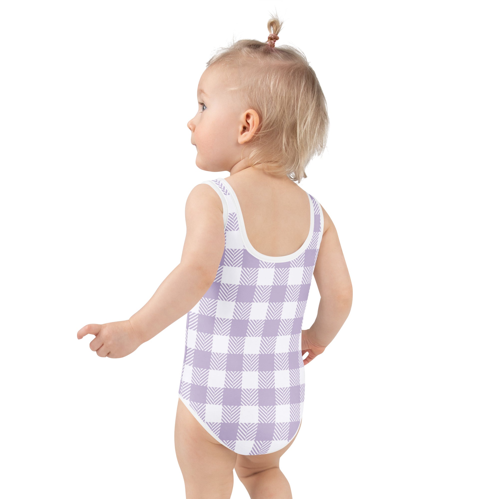 A toddler wearing a girls purple gingham buttery soft one-piece swimsuit with UPF 50+ and double layered front