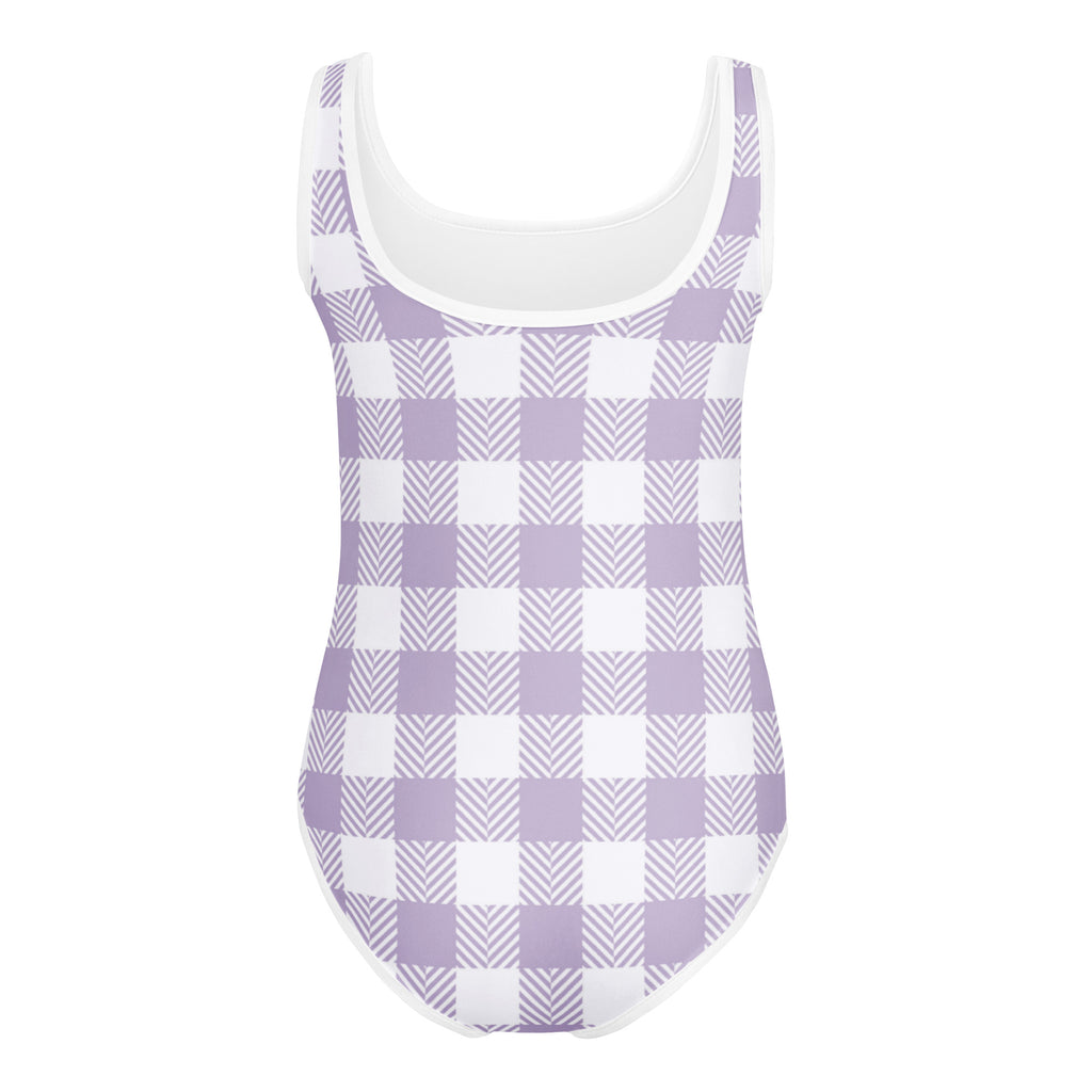 Girls purple gingham buttery soft one-piece swimsuit with scoop neckline quick drying for dance and gymnastics