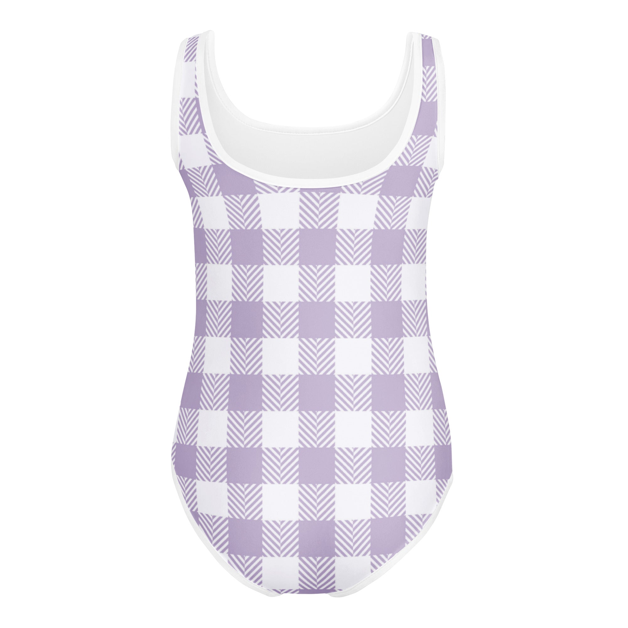 Girls purple gingham buttery soft one-piece swimsuit with scoop neckline quick drying for dance and gymnastics