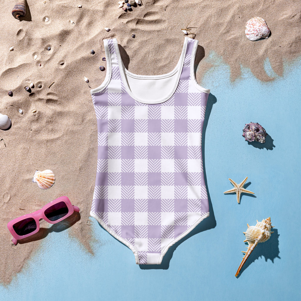 Girls purple gingham buttery soft one-piece swimsuit with lavender and white herringbone check and scoop neckline upf 50+