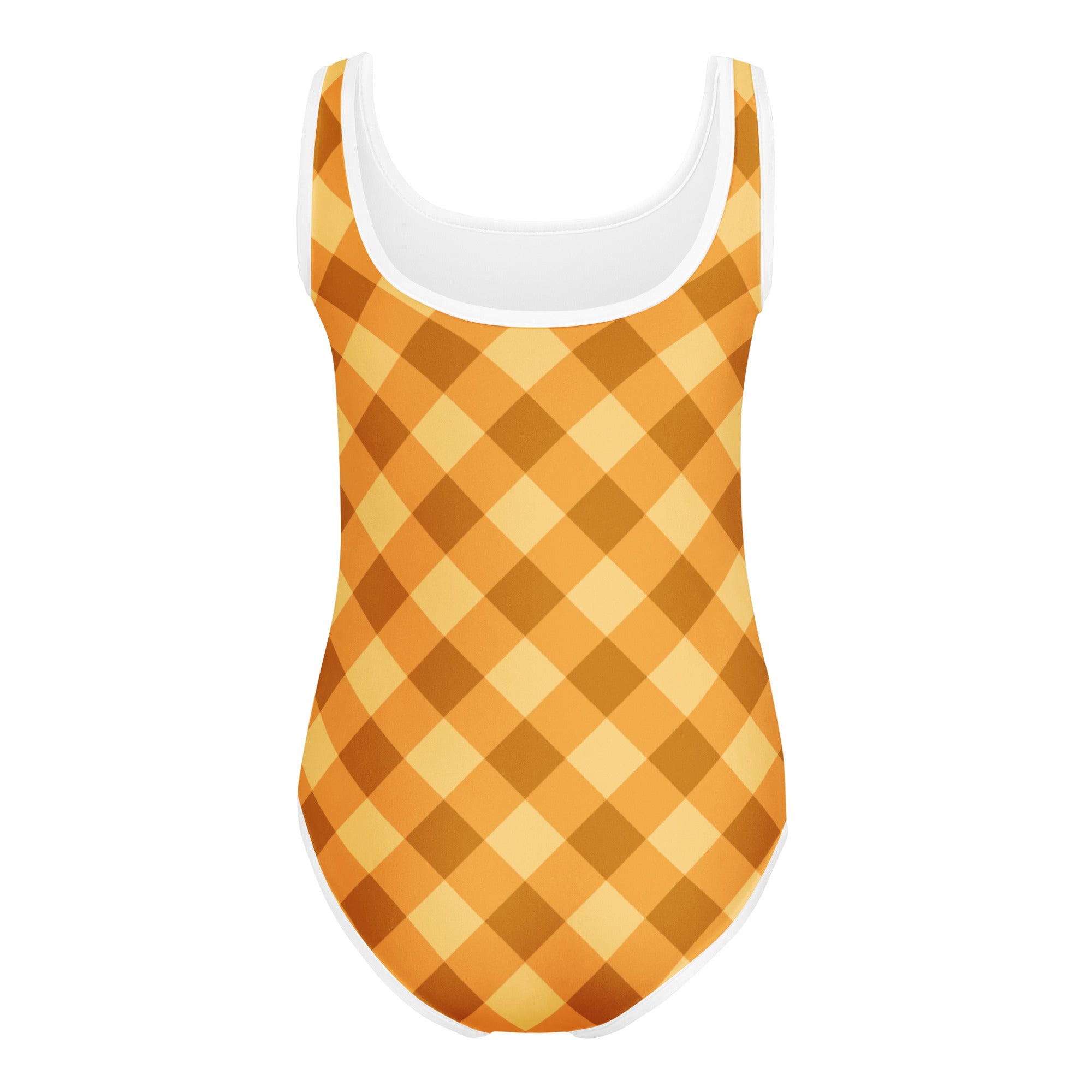 Girls golden gingham buttery soft one-piece swimsuit in orange and yellow checkered pattern with white trim for dance and gymnastics