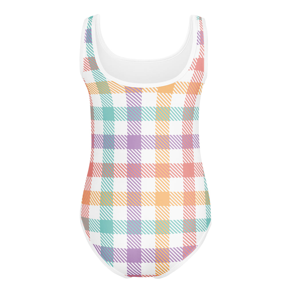 Girls pastel gingham buttery soft one-piece swimsuit in vibrant peach mint lavender and orange for dance and gymnastics
