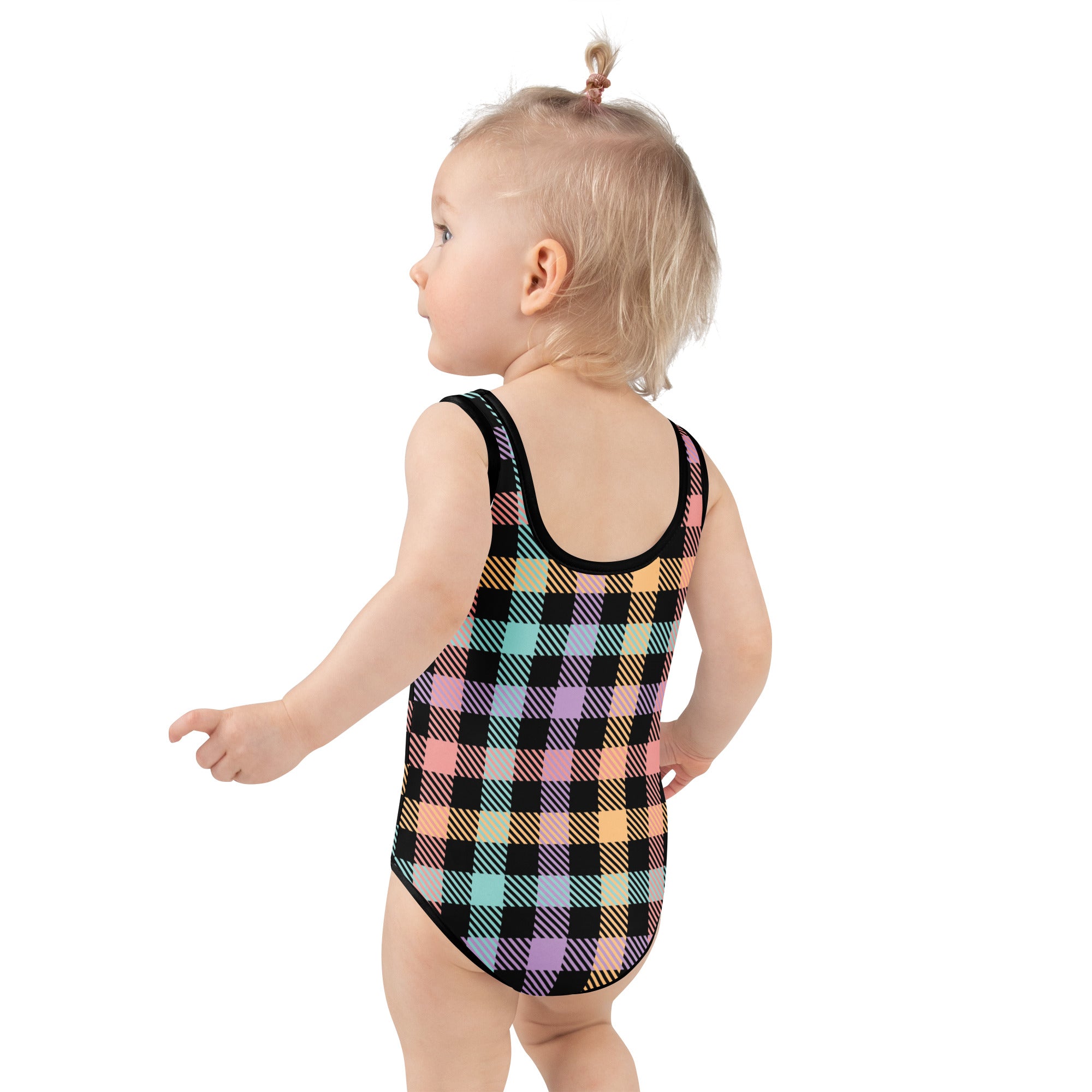 Girls pastel rainbow gingham buttery soft one-piece swimsuit with black trim and upf 50 plus double layered front
