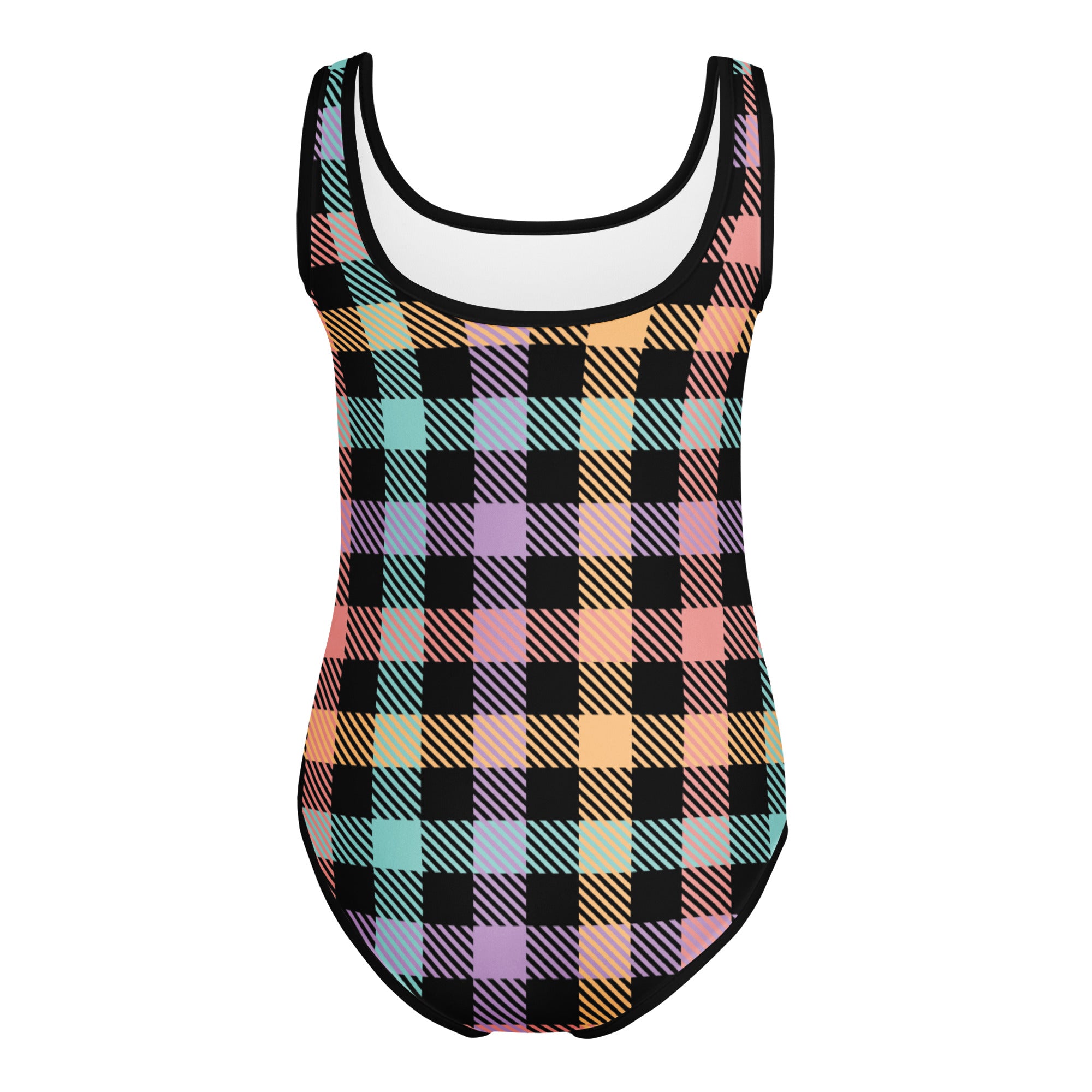 Girls pastel gingham buttery soft leotard with vibrant pastel plaid in black pink teal and orange quick drying stretchy fabric