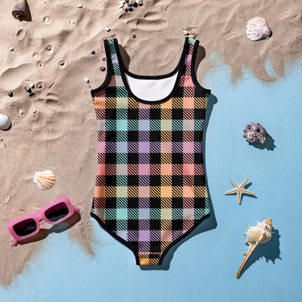 Girls pastel rainbow gingham buttery soft one-piece swimsuit in black peach mint green lavender with UPF 50+ protection