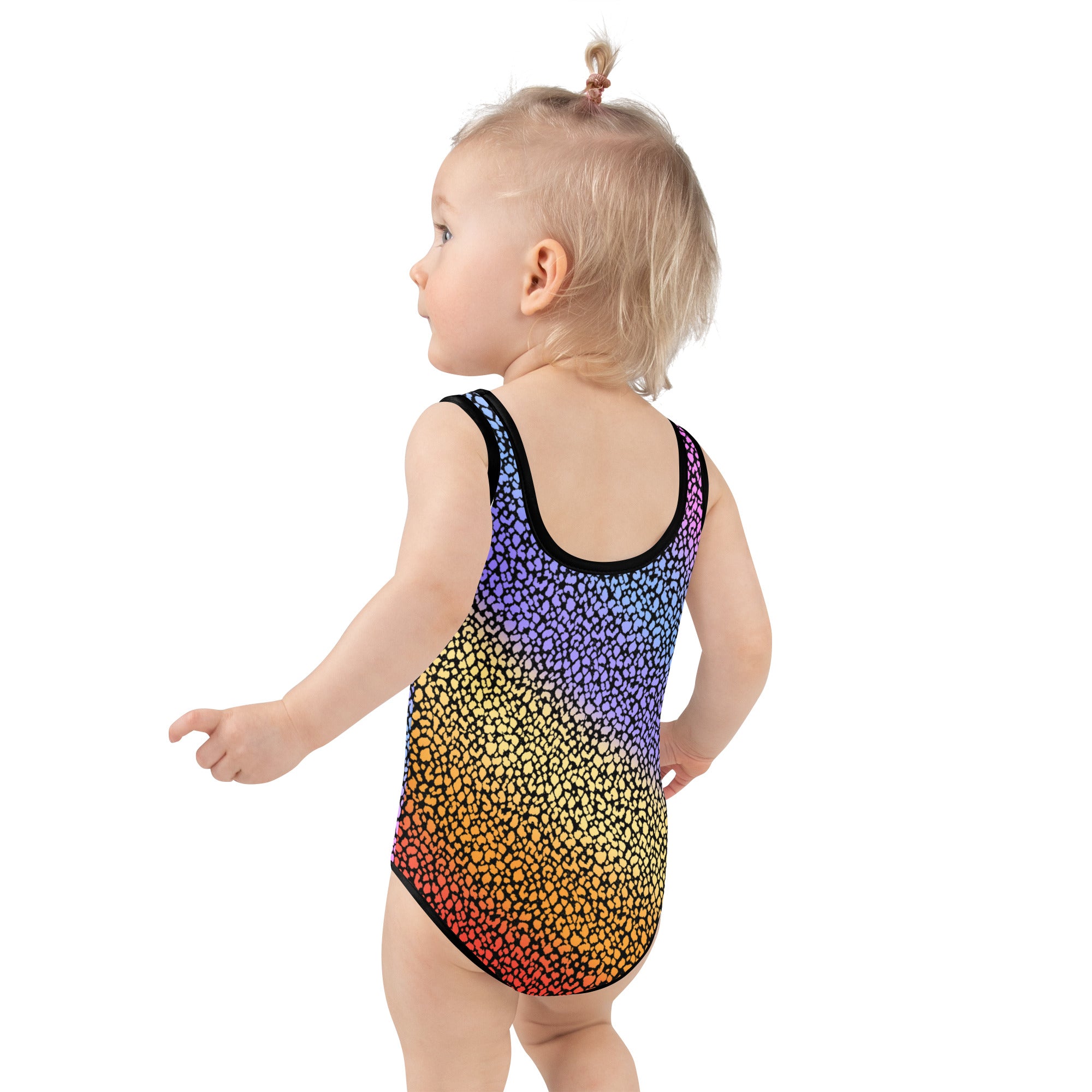 Girls colorful leopard print buttery soft one-piece swimsuit in rainbow gradient with black trim and UPF 50 plus protection
